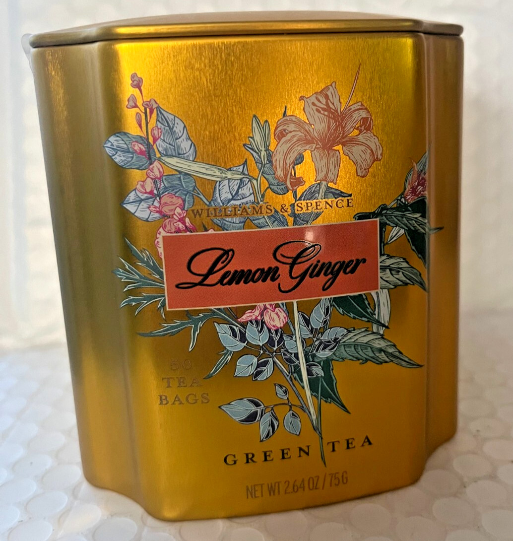 WILLIAMS & SPENCE LEMON GINGER GREEN TEA 50BAGS IN BEAUTIFUL FLORAL TIN