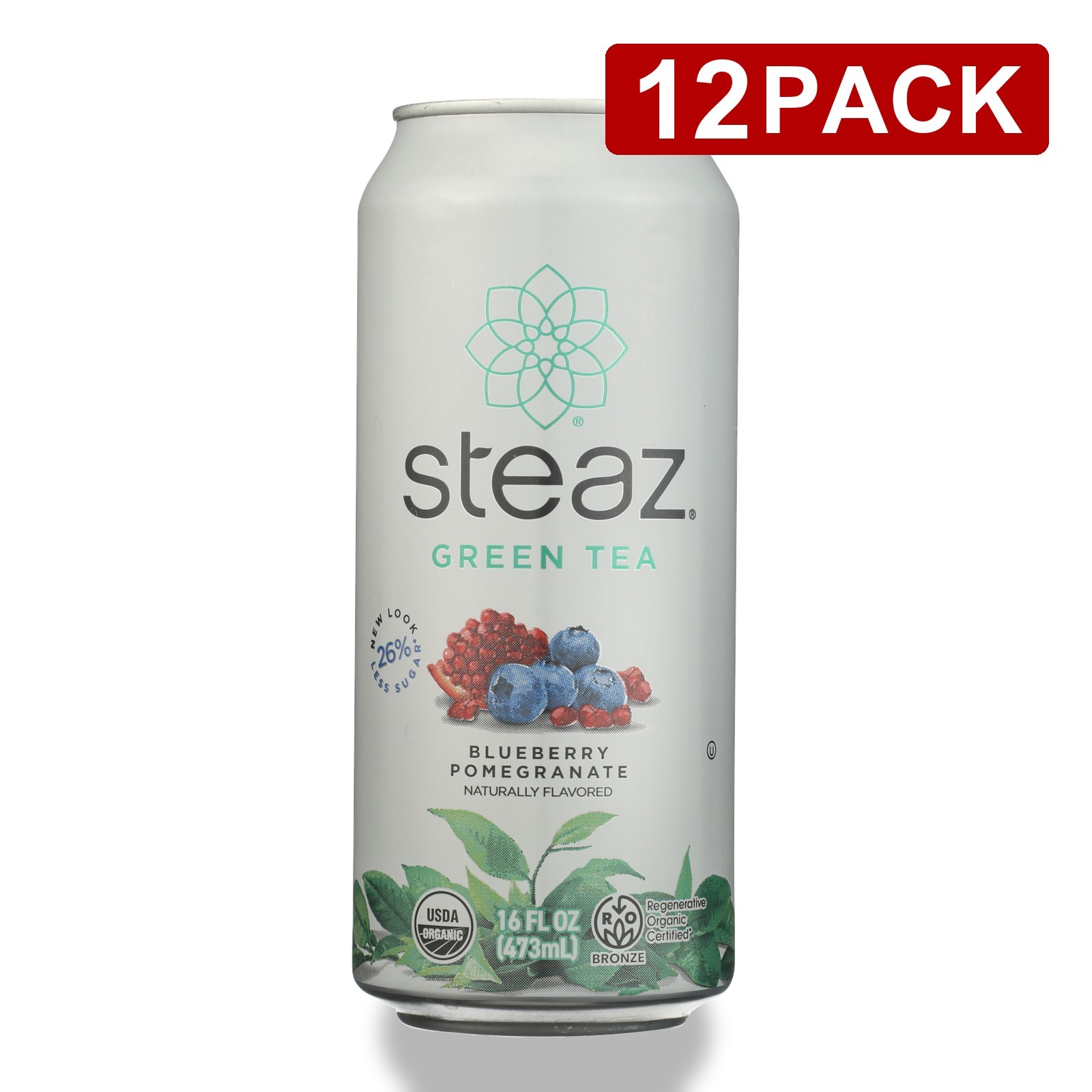 Steaz Blueberry Pomegranate Organic Green Tea 16 Fl Oz Can 12 Pack
