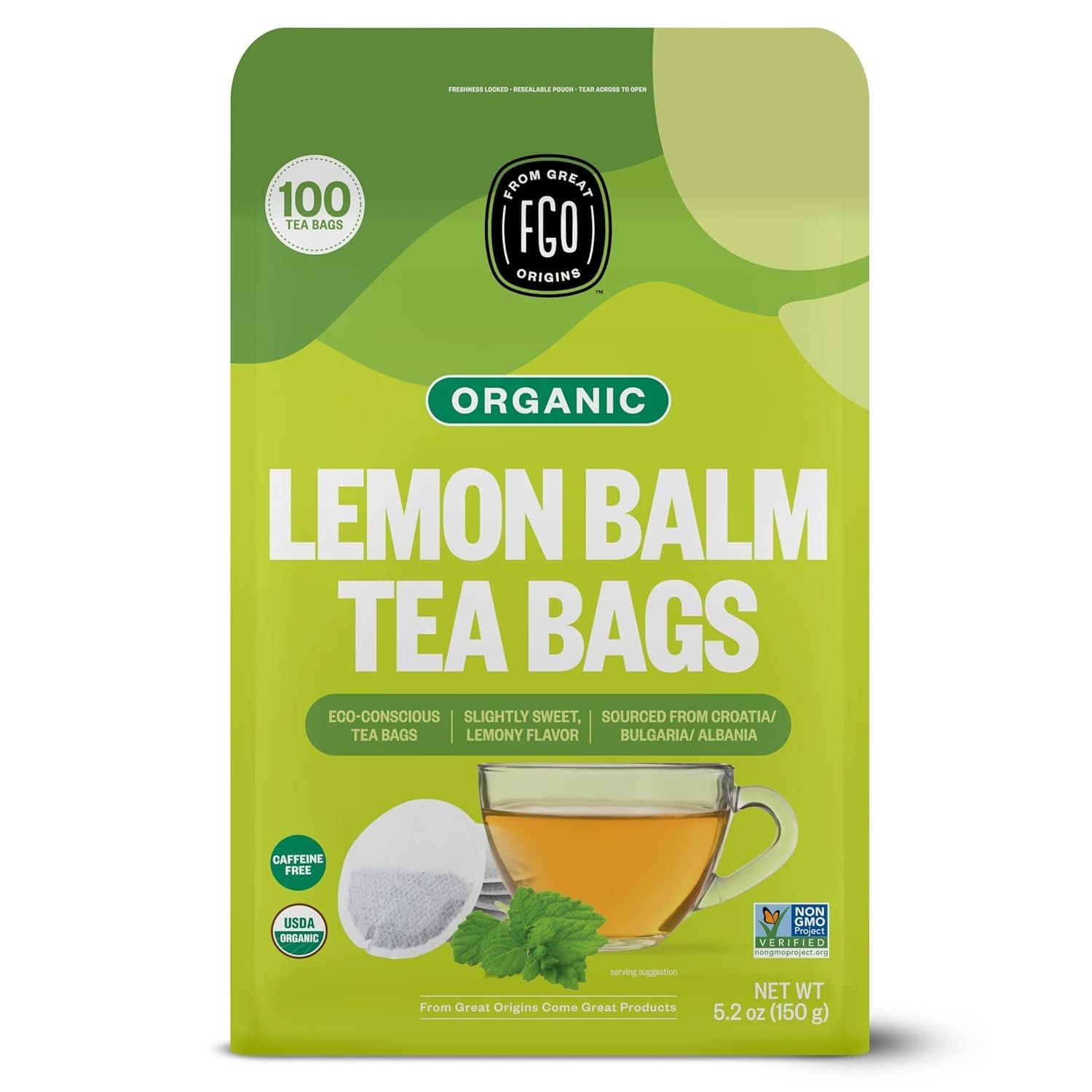 100 Count Caffeine-Free Organic Lemon Balm Tea for Mood Enhancement & Relaxation