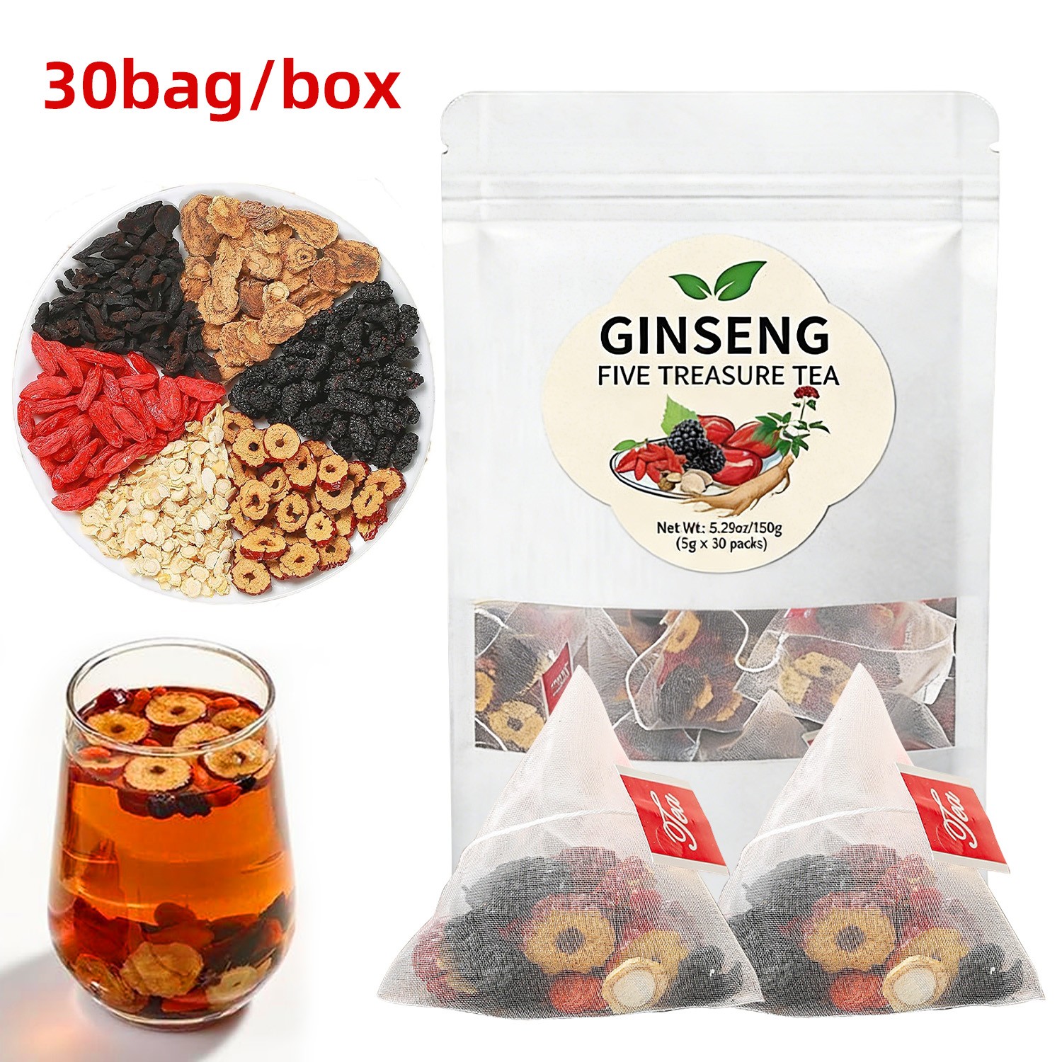 30/60 Packs Ginseng Six Treasure Tea Bags – Red Date Kidney Health Herbal Tea US