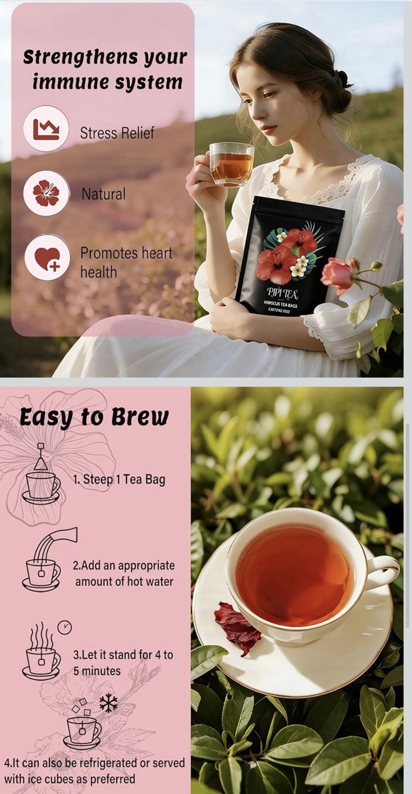 3 PiPi Tea Organic Hibiscus Tea Bags Caffeine Free Herbal Tea Rich Antioxidant