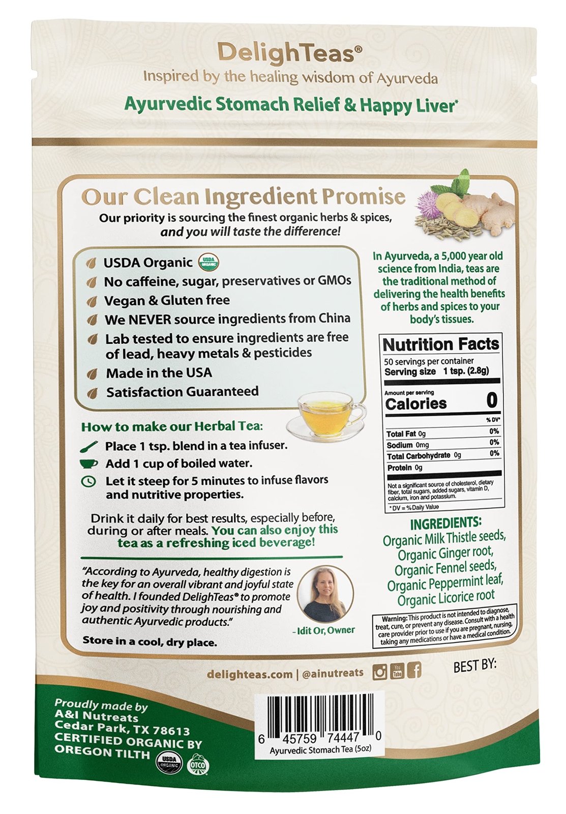 DelighTeas Liver Detox Tea 50 Servings Milk Thistle Fennel Ginger Organic