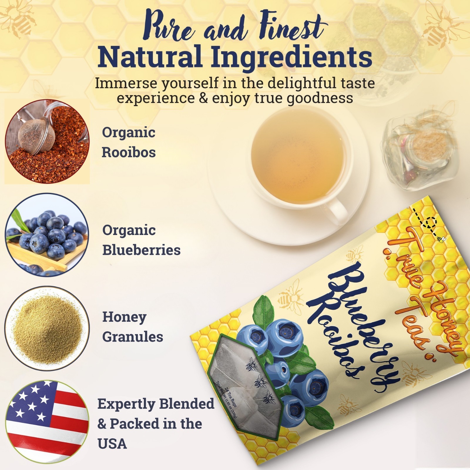 True Honey Teas Blueberry Rooibos Herbal Tea Organic Caffeine Free 24 Pack