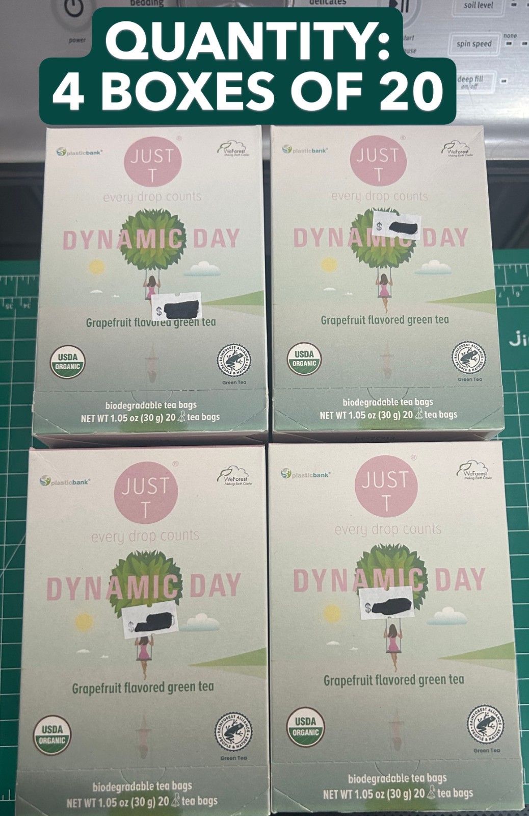 4-pack lot 20CT JUST T Dynamic Day Grapefruit flavored organic GREEN tea