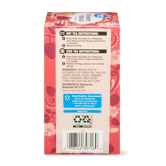 Great Value Strawberry Hibiscus Herbal Tea, 20 Tea Bags (Pack of 2)