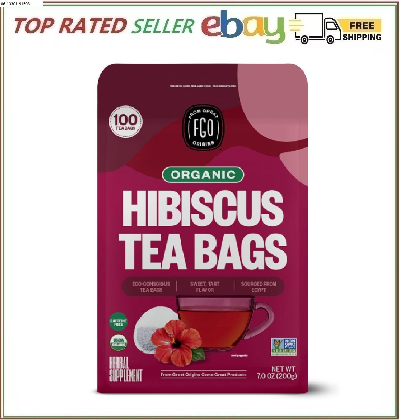 FGO Organic Hibiscus Tea 100 Count Eco-Conscious Tea Bags Caffeine Free