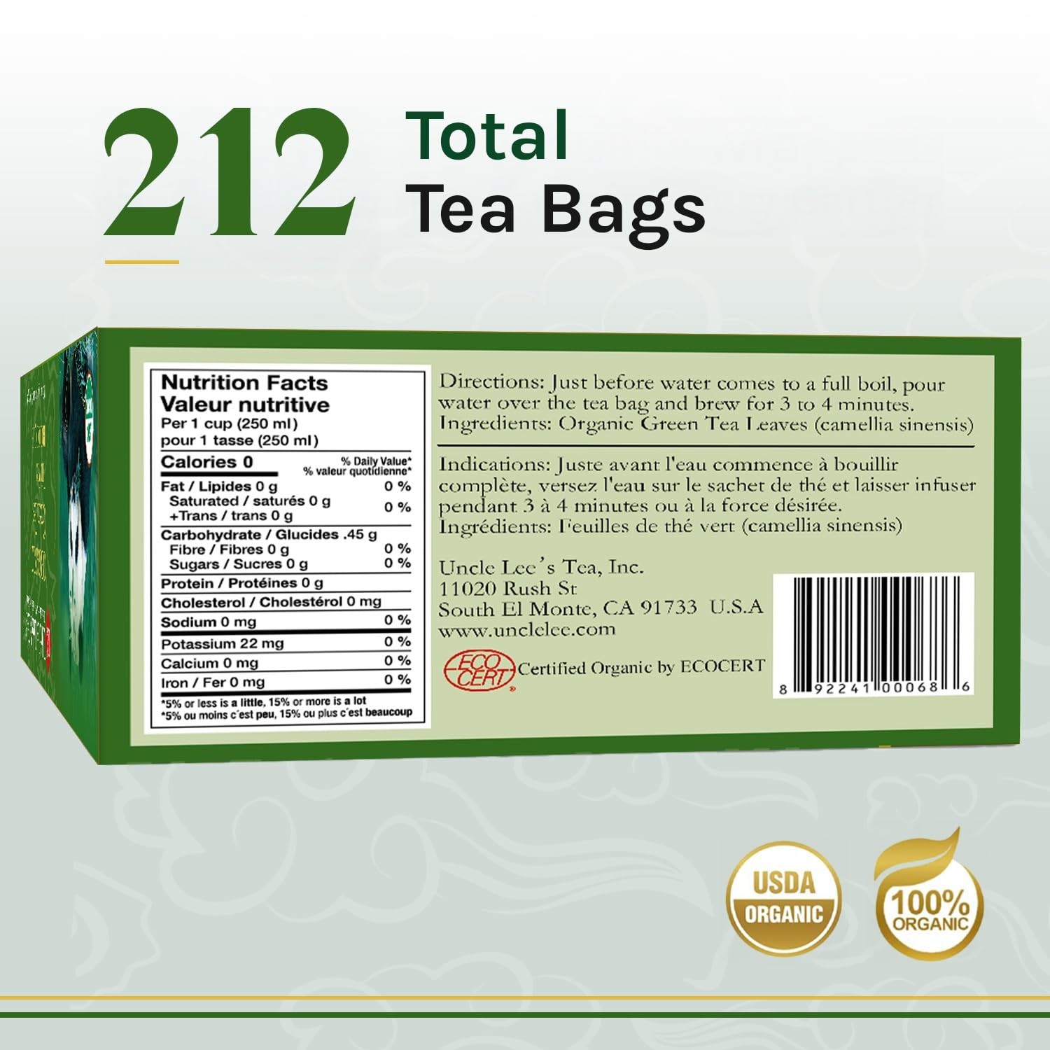 Organic Green Tea Bags 2-Pack, 106-Count – Refreshing, Lightly Caffeinated Bulk