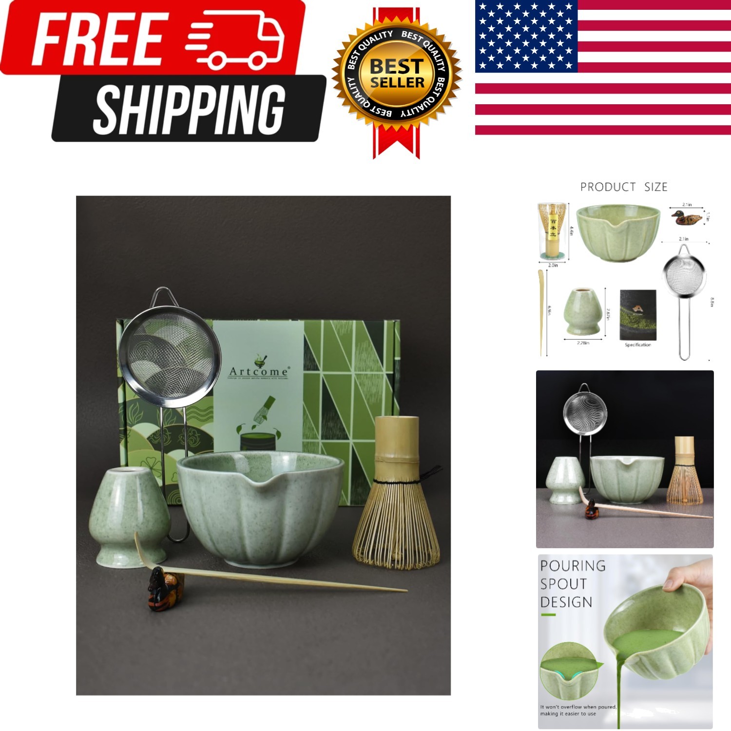 Japanese Matcha Set, Matcha Bowl with Pouring Spout, Matcha Whisk, Tea Scoop, Wh