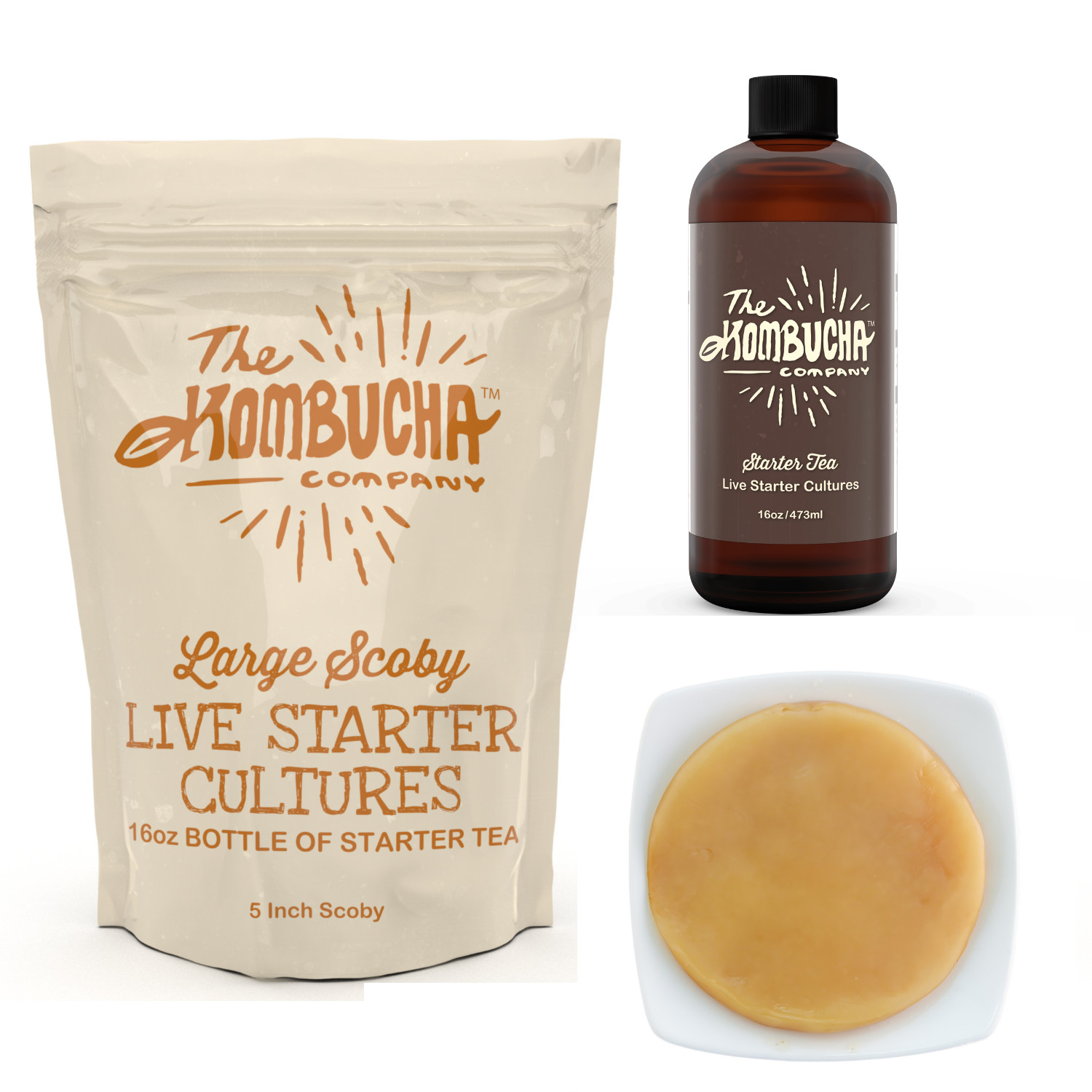 Complete Kombucha Brewing Starter Kit – Scoby and 16oz Starter Tea + supplies