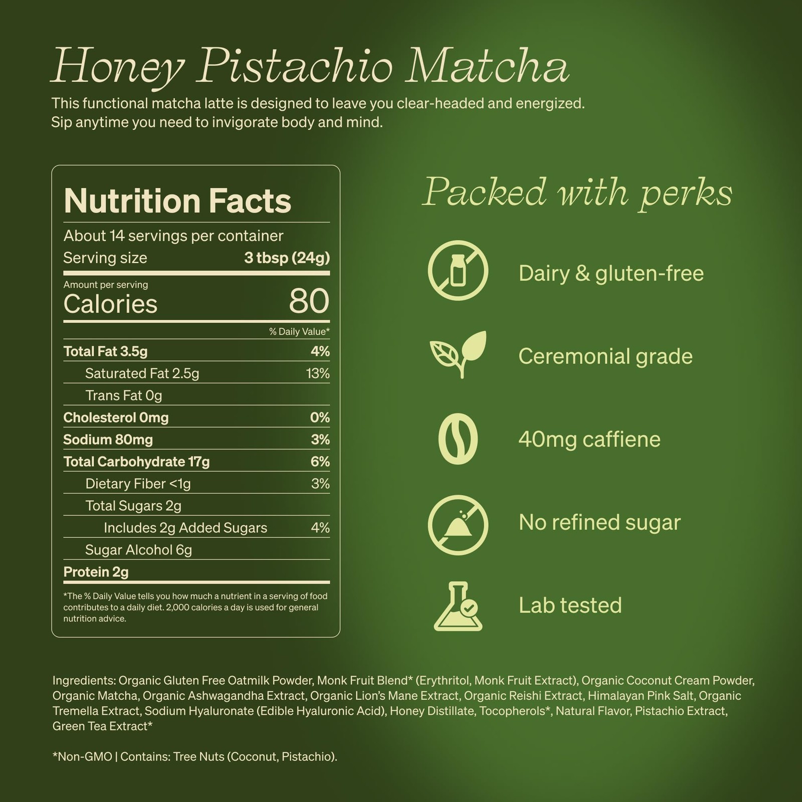Pistachio Matcha SuperLatte, Organic Ceremonial Grade, Instant Superfood Powd…