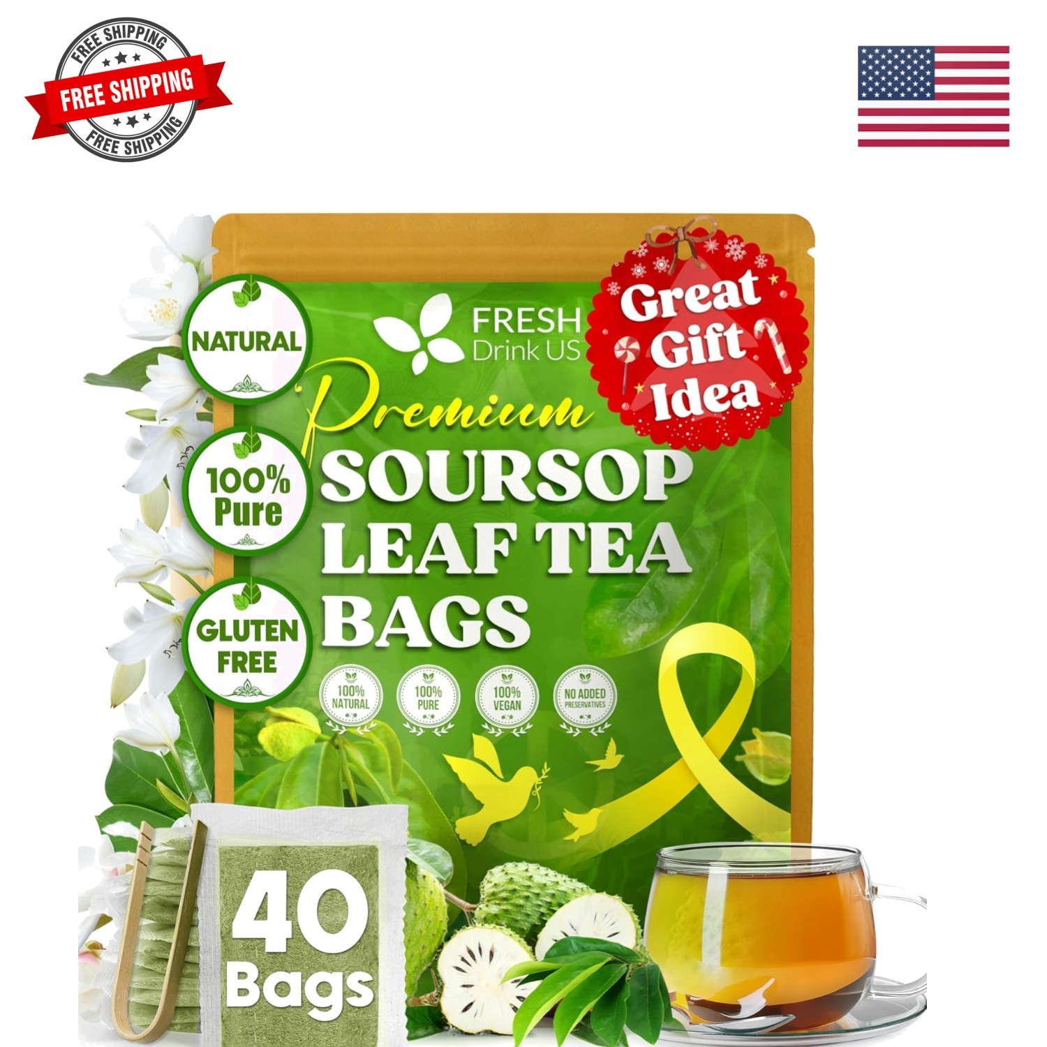 40 Soursop Graviola Leaf Tea Bags, 100% Natural and Pure from Soursop Leaves…