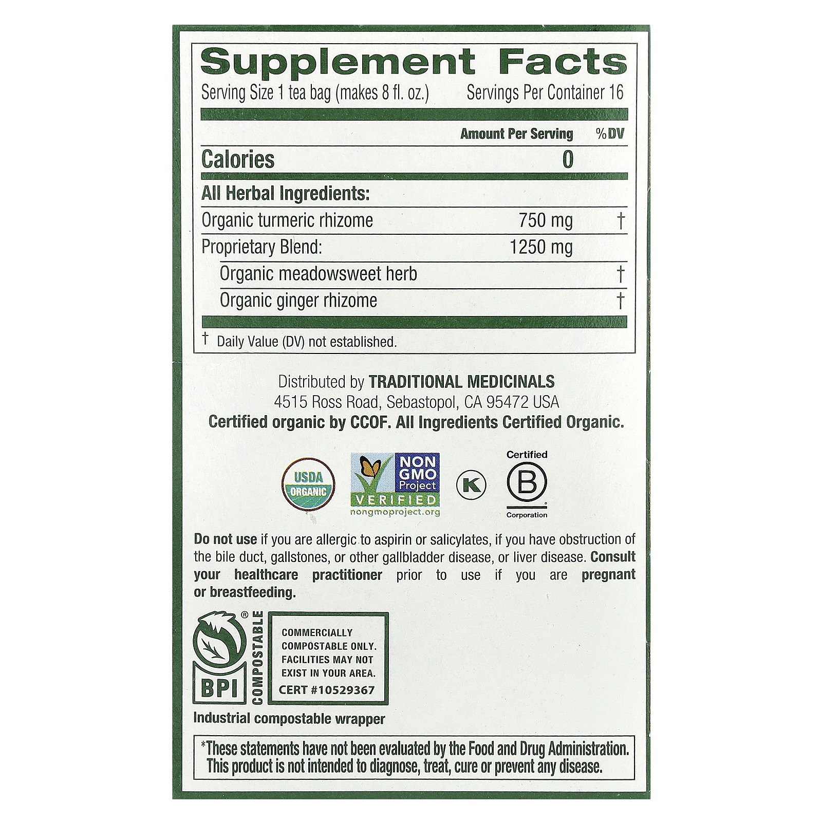 Organic Turmeric with Meadowsweet & Ginger, Caffeine Free, 16 Wrapped Tea Bags,