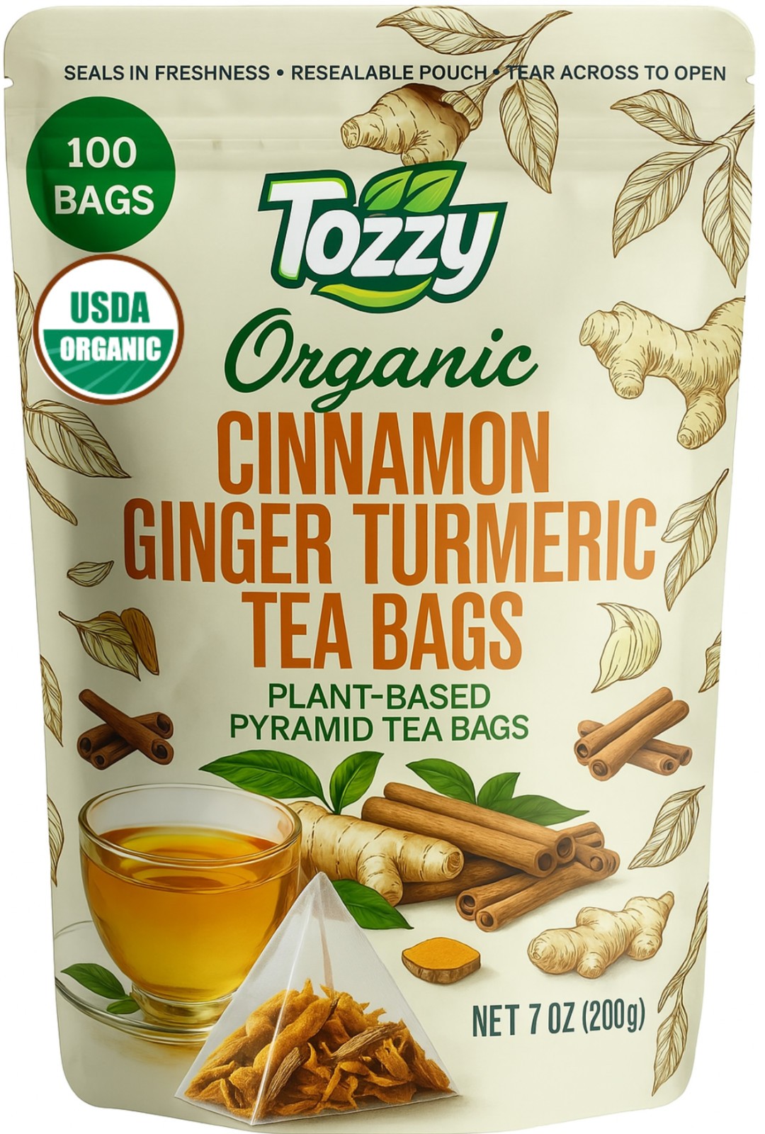 Tozzy Organic Turmeric, Ginger & Cinnamon 100 Tea Bags Plant-Based Pyramid Bags