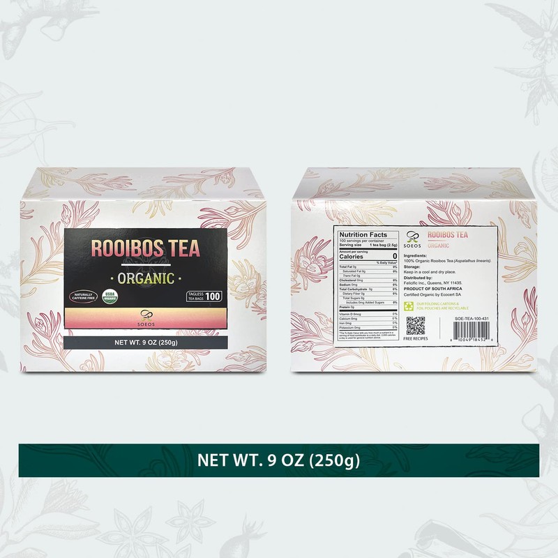 Organic Rooibos Tea,100 Teabag, 9oz (250g), 2 Packs,Total Weight of 18 oz (500g)
