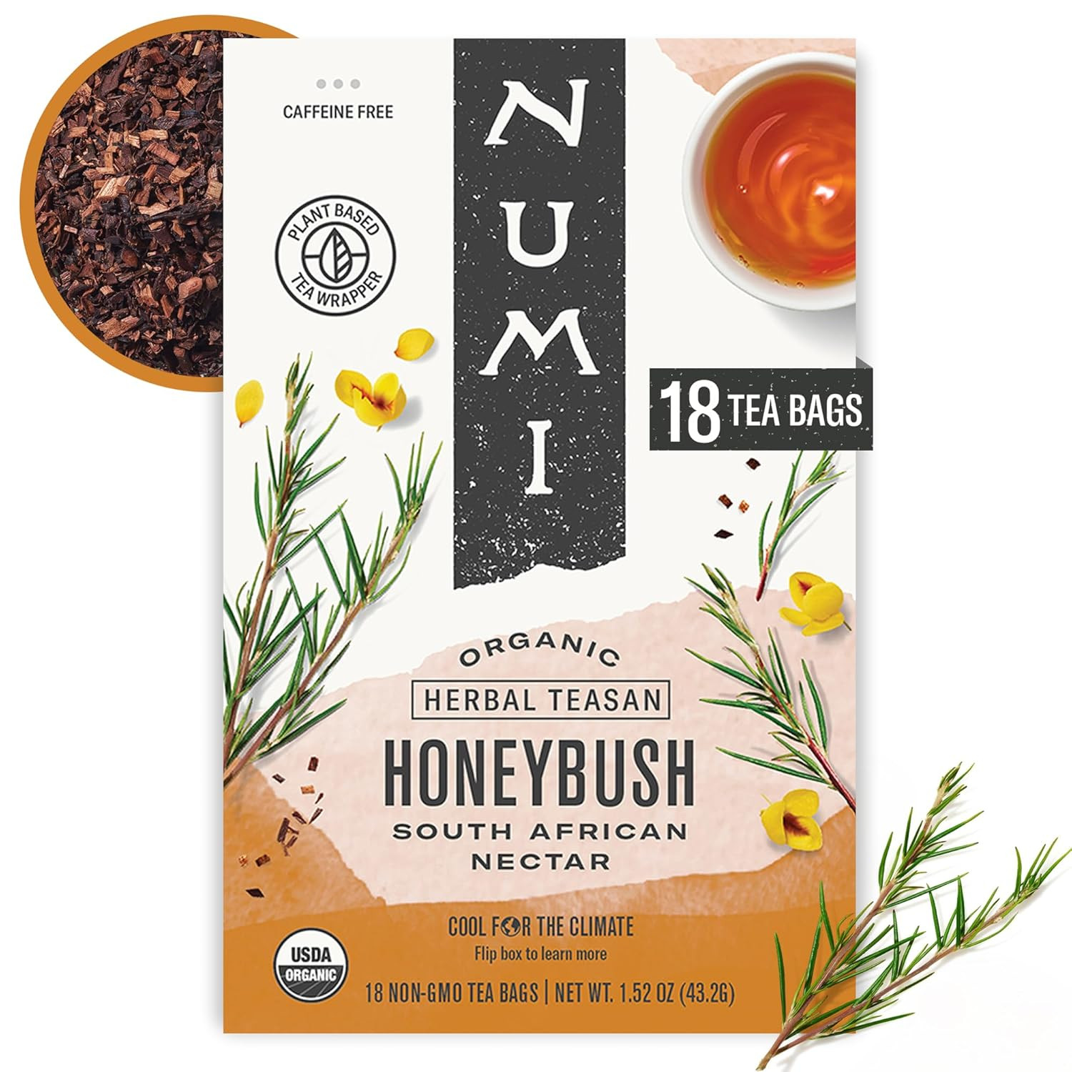 Numi Organic Honeybush Tea, 18 Tea Bags, Sweet South African Herbal Tea, Caffein