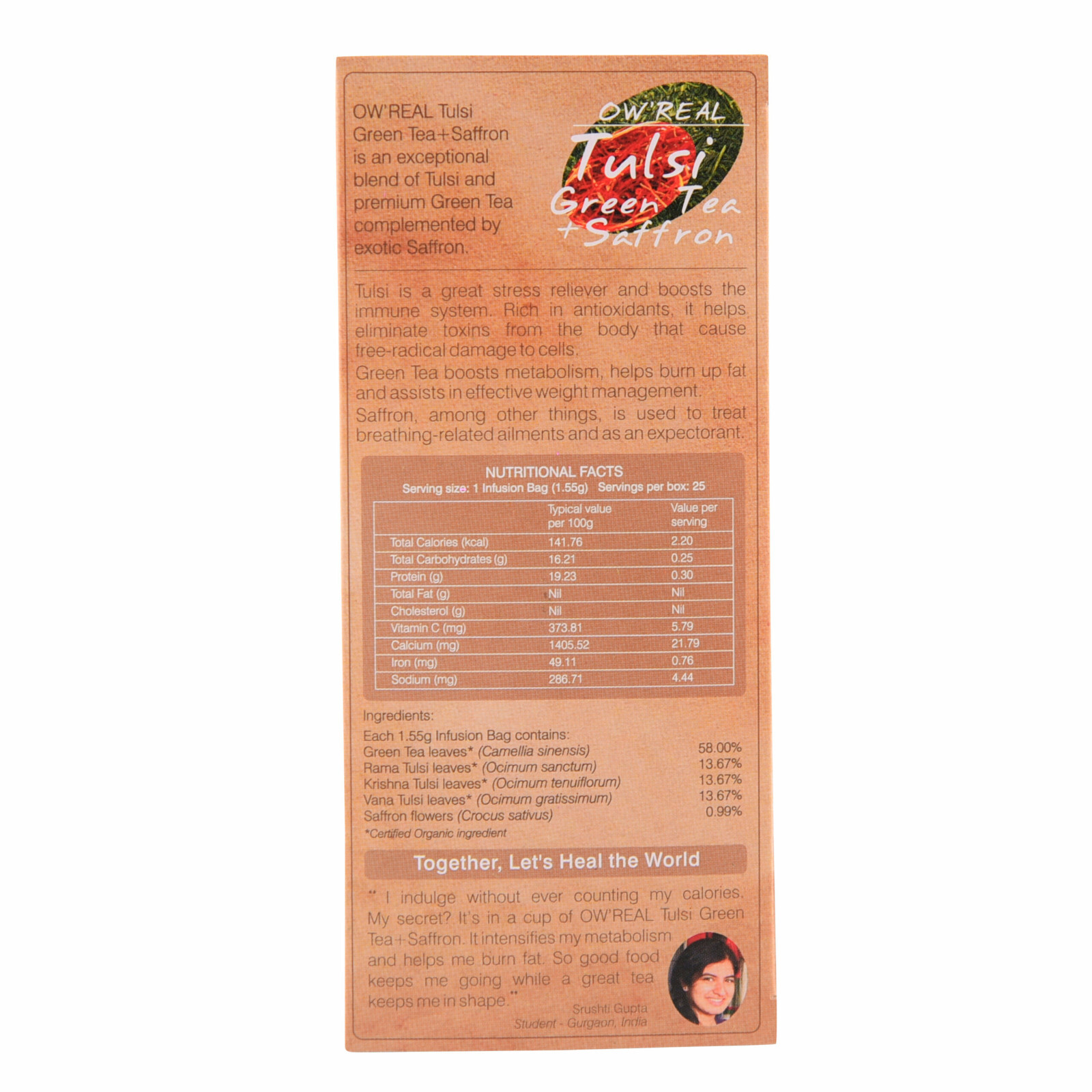 Tulsi & Saffron Green Tea 25 Bags USDA By Organic Wellness Free Shipping