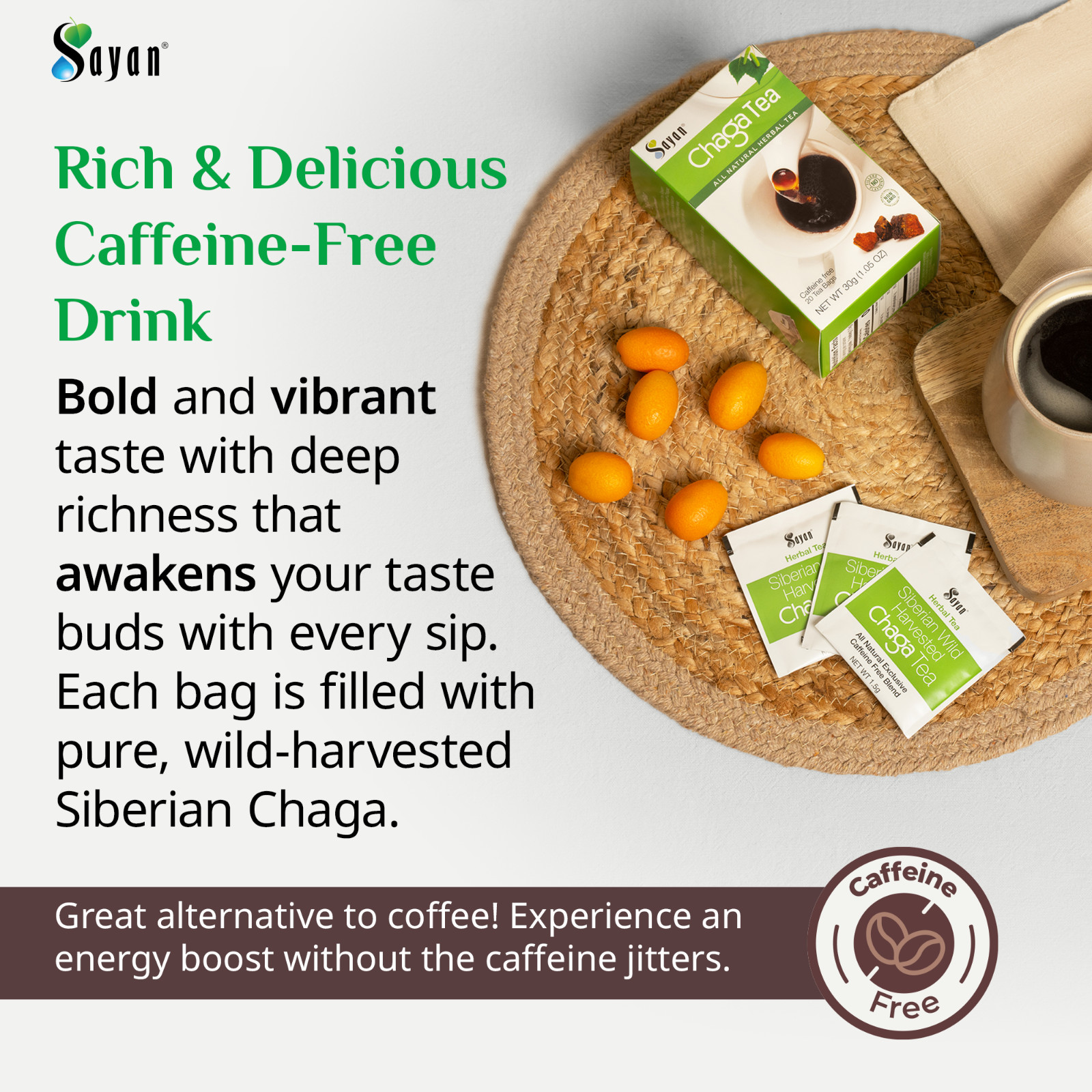Sayan Chaga Mushroom Tea 20 Bags Caffeine Free Siberian Wild Harvested