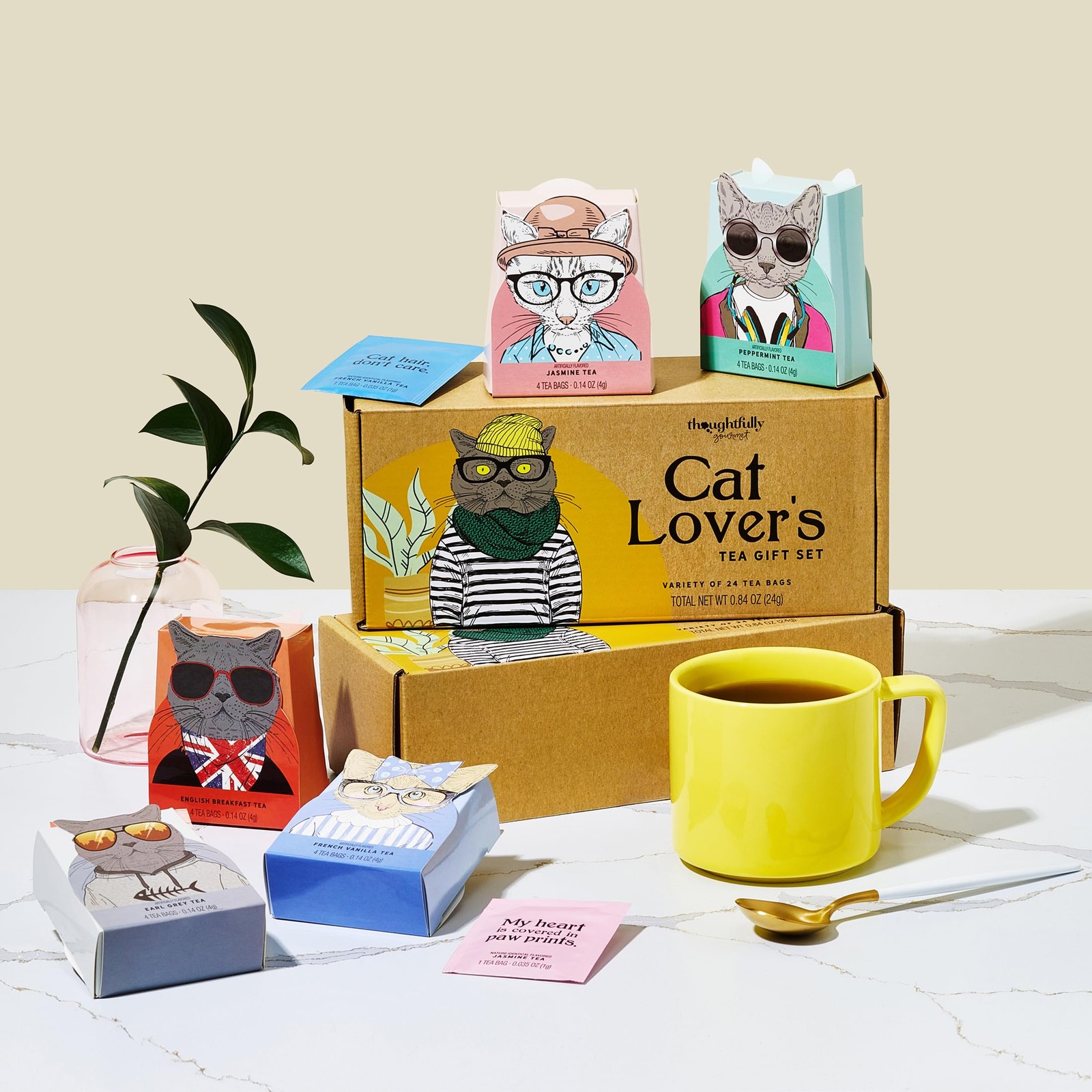 24 PCS Cat Lover Tea Gift Set Gourmet 6 Flavors Art Quotes Cat Mom Dad