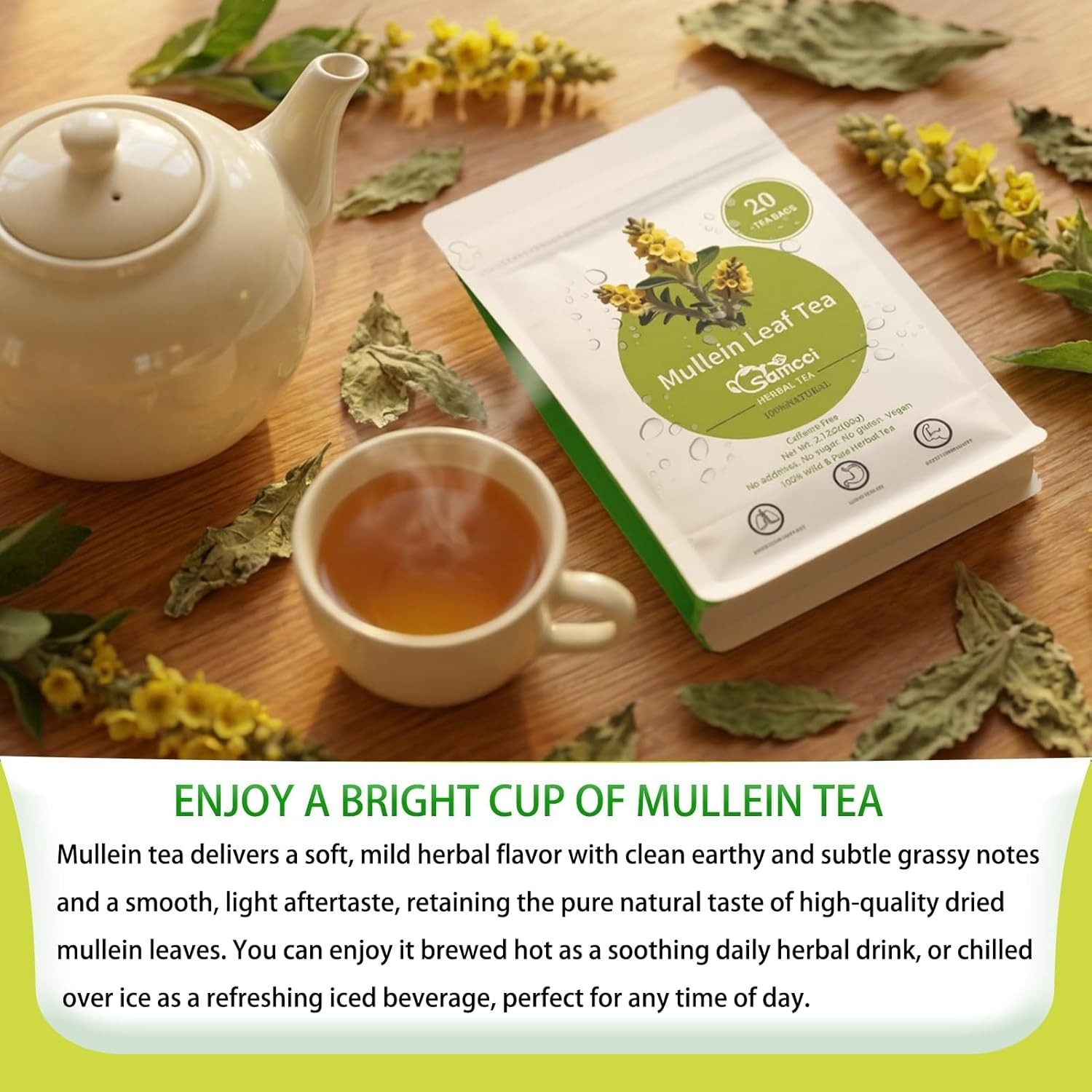 Caffeine-Free Mullein Leaf Tea Bags – 20 Teabags for Detox & Respiratory Health