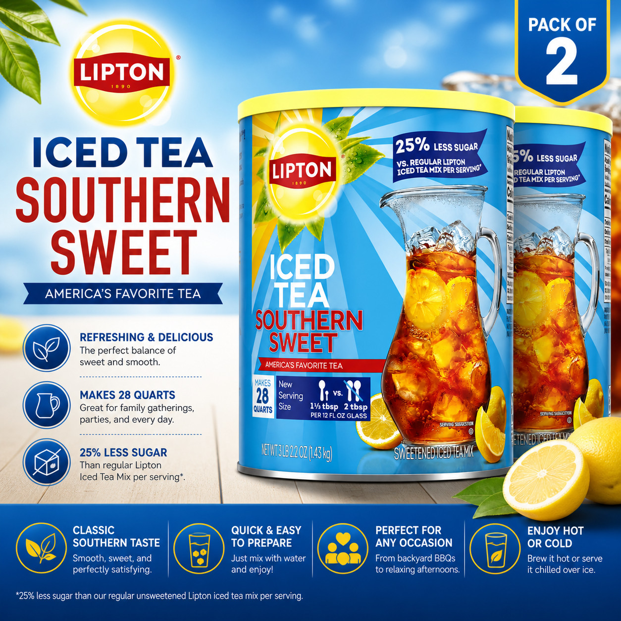 Lipton Reduced Sugar Southern Sweet Iced Tea Mix, 28 Quarts Fast Shipping.