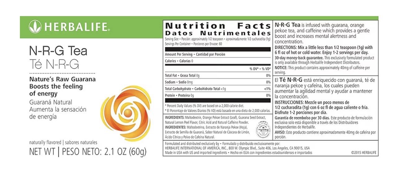 Herbalife N-R-G Tea Guarana Orange Pekoe Lemon Powder Naturally Flavored 2.1oz