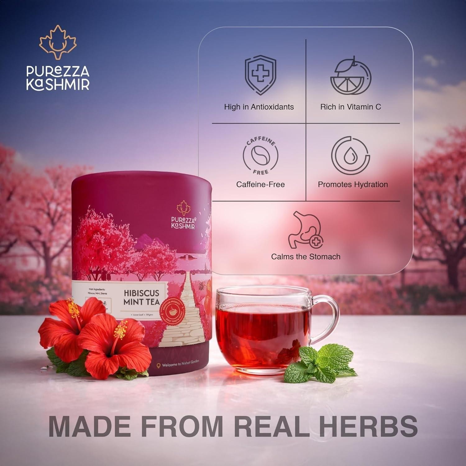 Purezza Kashmir Hibiscus Mint Herbal Tea 50g Caffeine Free Sugar Free Botanical