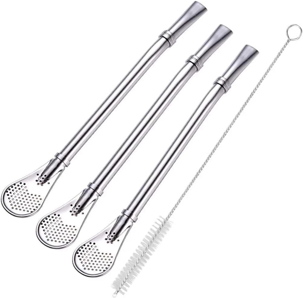 3 Pcs Stainless Steel Straw Filter Spoon Yerba Mate Bombilla Straws with Brush
