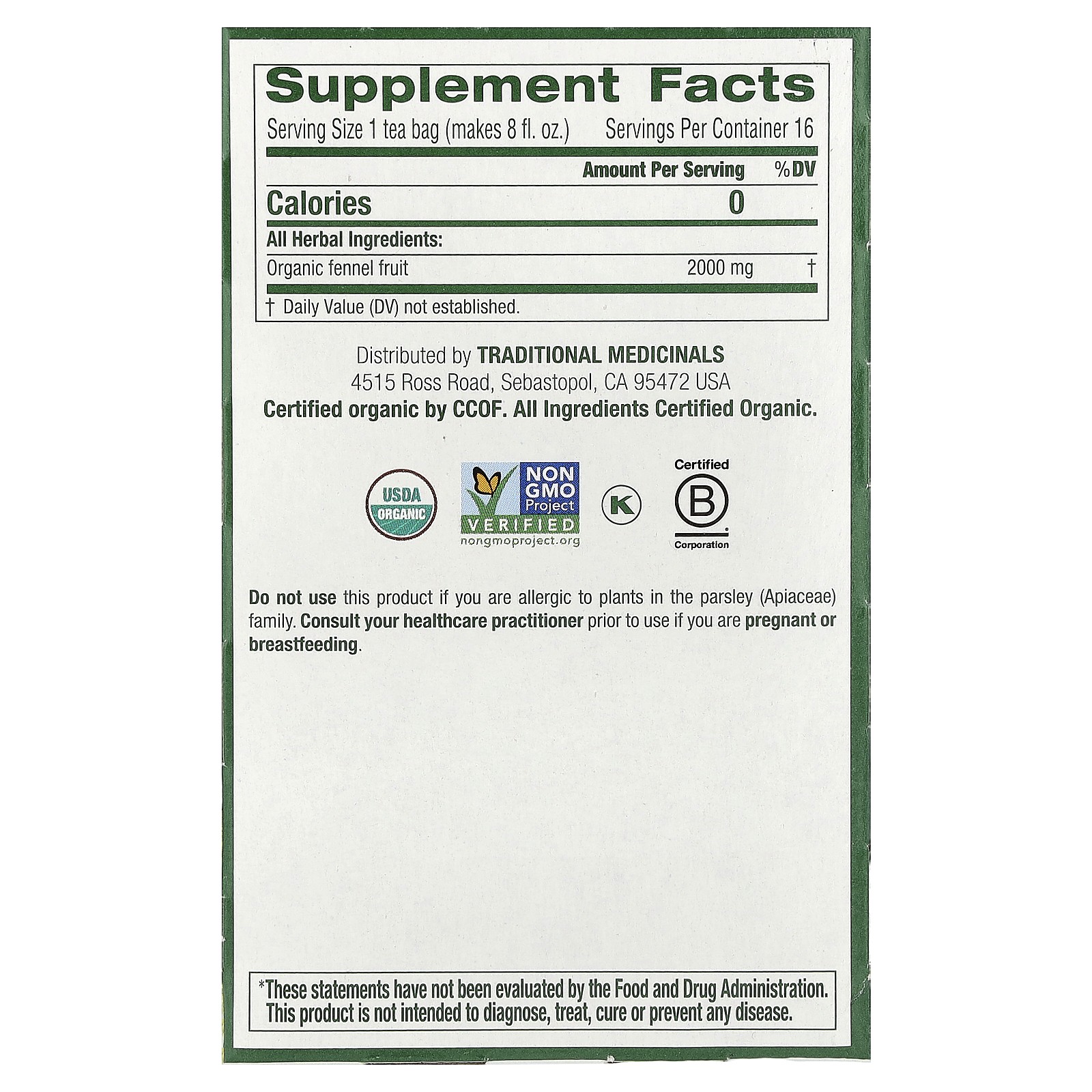 Organic Fennel, Caffeine Free, 16 Wrapped Tea Bags, 1.13 oz (32 g)