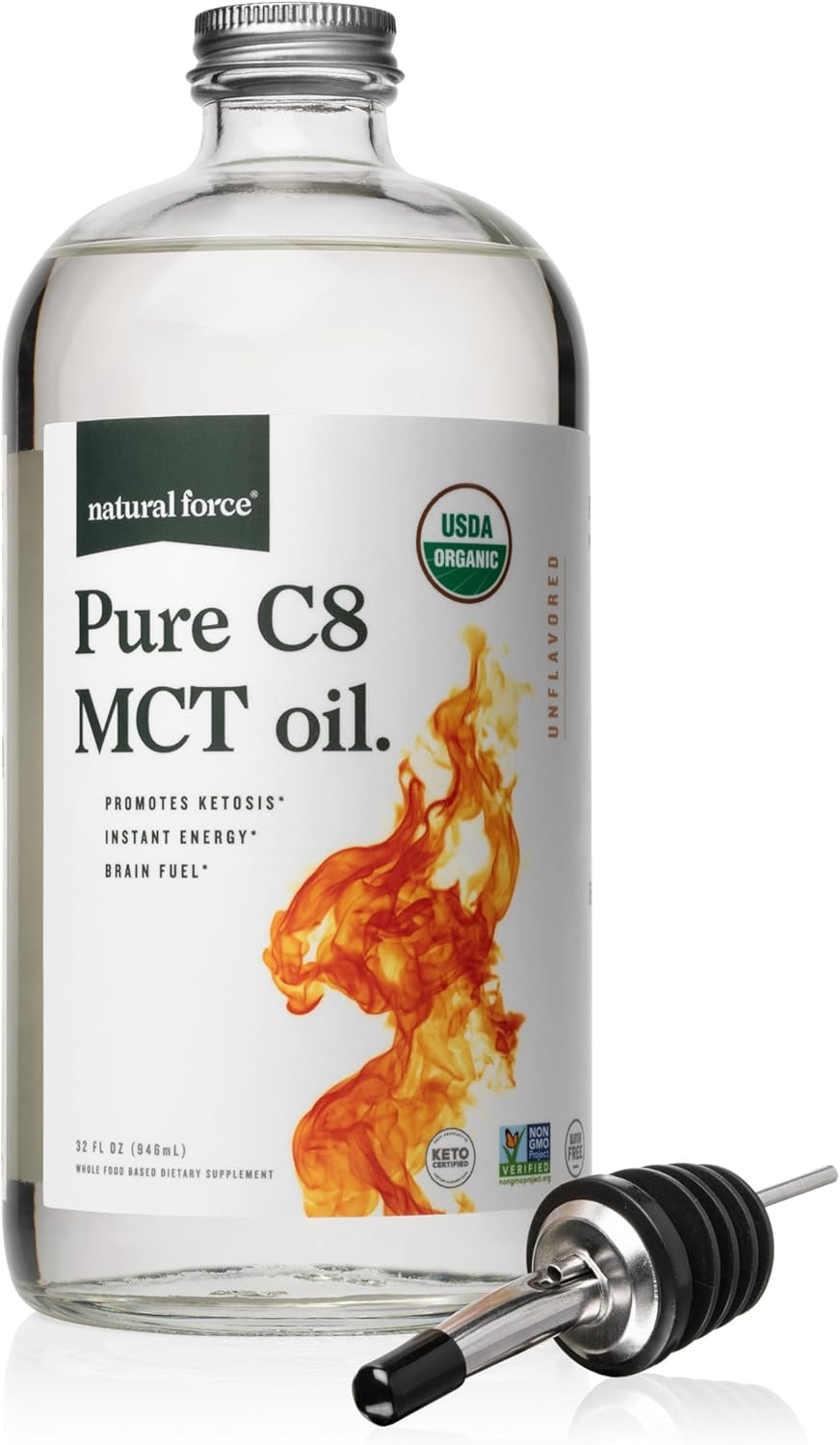 Natural Force Organic Pure C8 MCT Oil – Liquid in Glass Bottle…