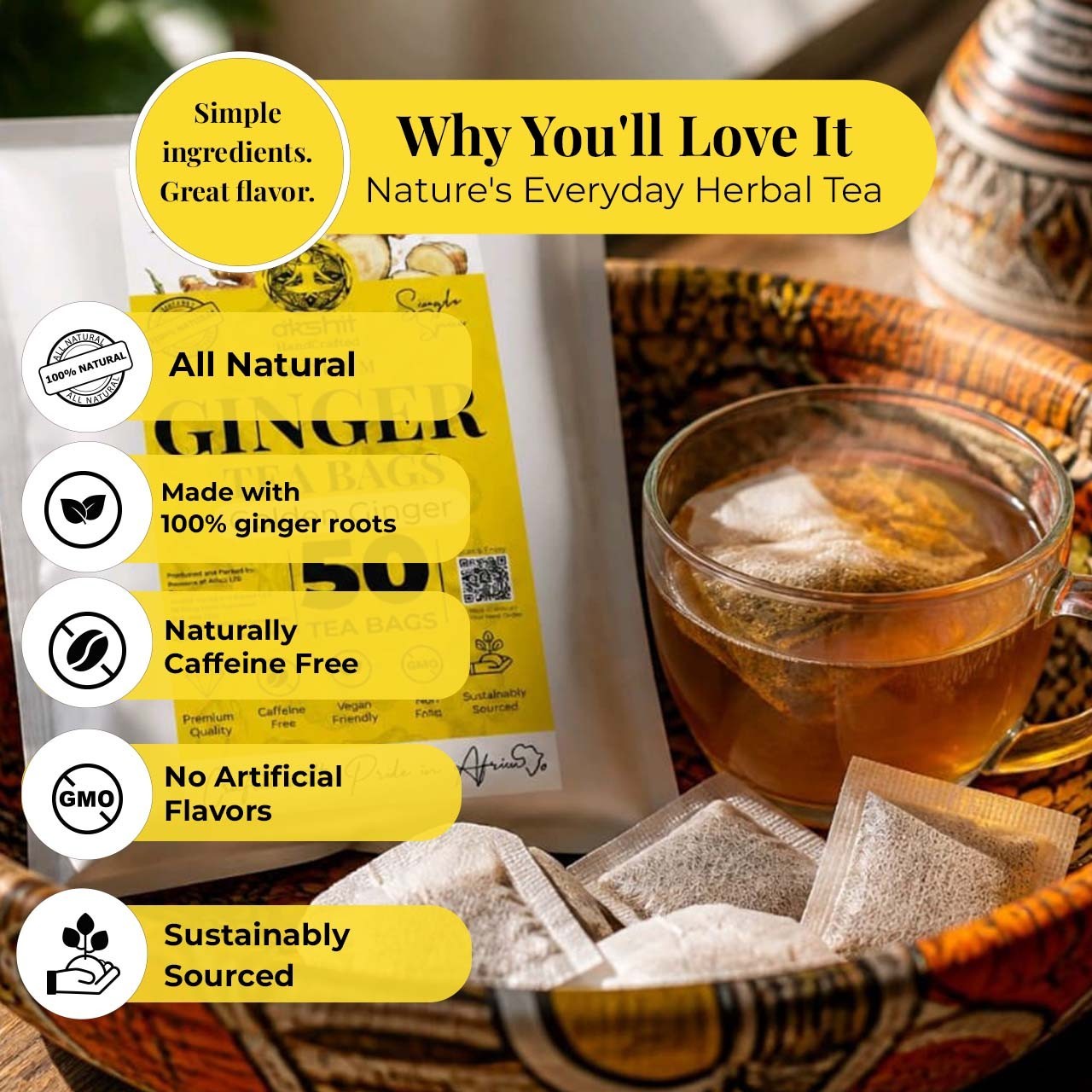 50 Ginger Tea Bags – Pure Ginger Tea – Herbal Tea Infusion