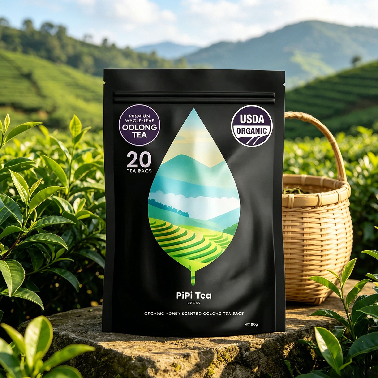 PiPi Tea Organic Oolong Tea Bags – Whole Leaf, 20 Bags (4g Each) – Cortisol &Ca1