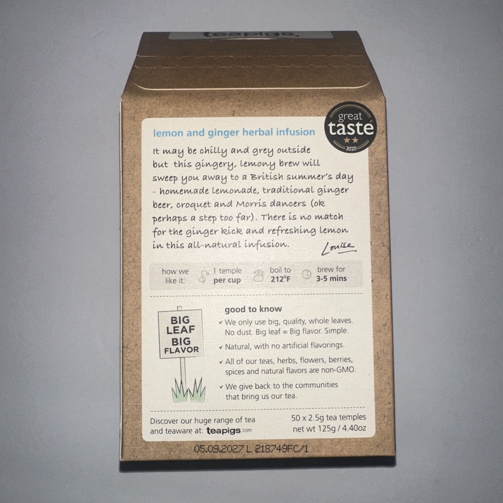 Teapigs Lazy Days Lemon Ginger 50 Tea Temples Exp 10/2027
