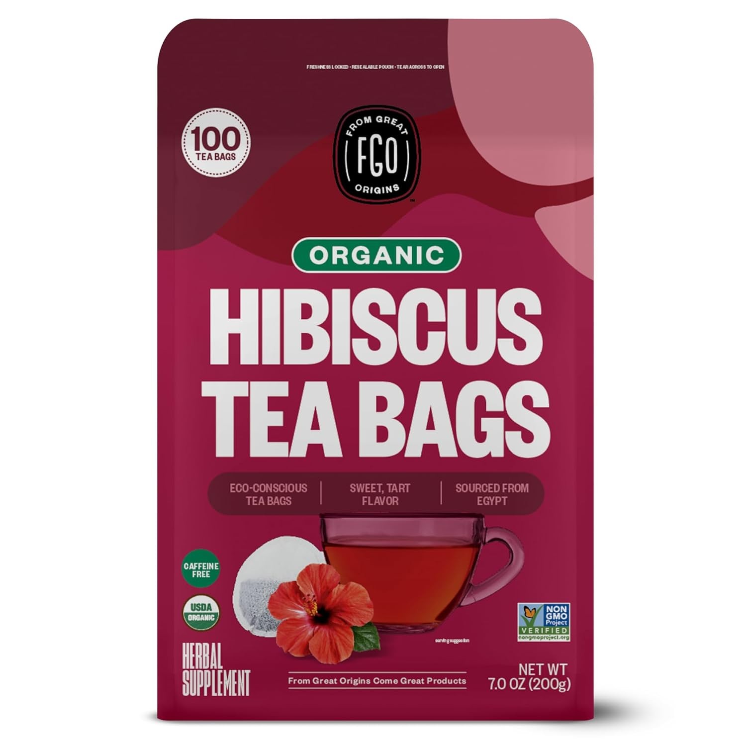 FGO Organic Hibiscus Tea, 100 Count, Eco-Conscious Tea 100 Count (Pack of 1)