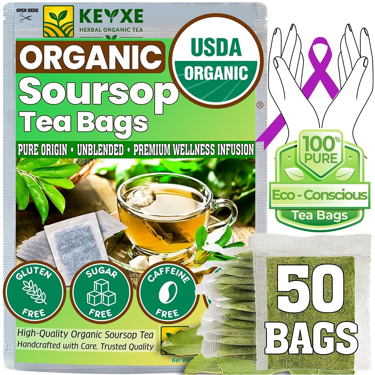 USDA Organic Soursop Graviola Leaves Tea 50 Bags. Non-GMO Verified , 100% Org…