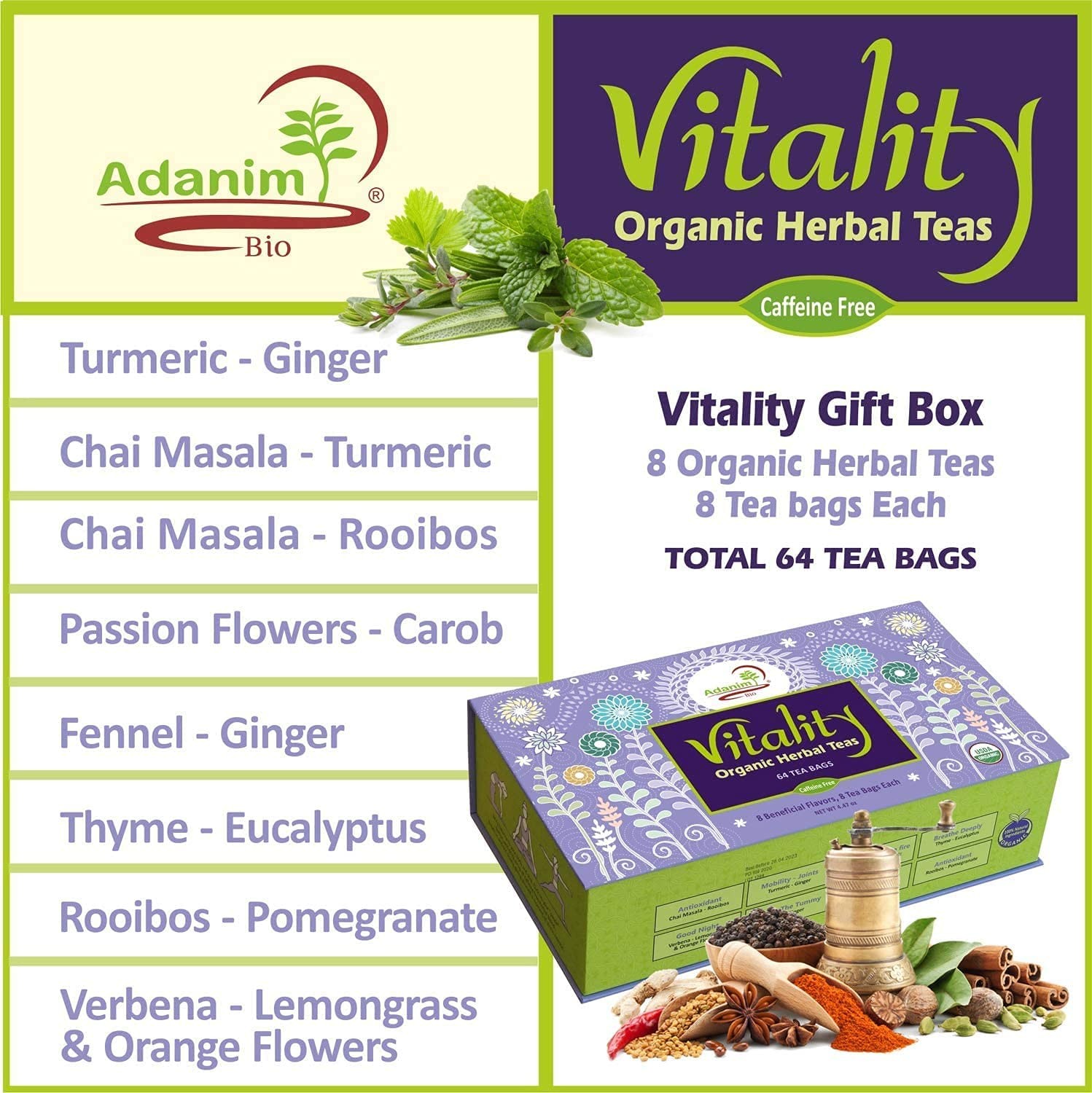 Vitality Organic Herbal Tea Sampler Gift Box Caffeine Free 8 Unique Flavors f…