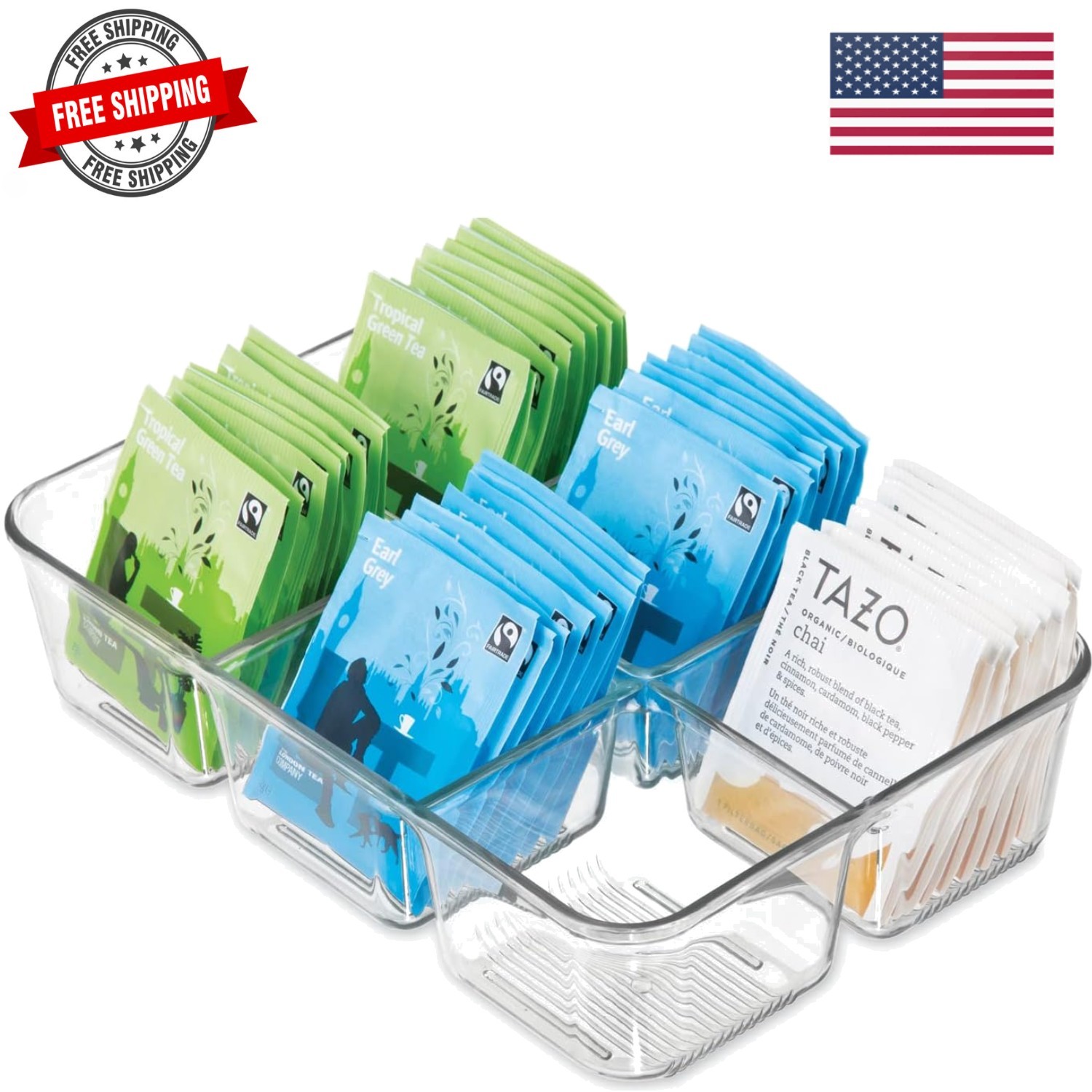 Clear Tea Bag & Sugar Packet Organizer for Drawer, Cabinet or Kitchen Countertop