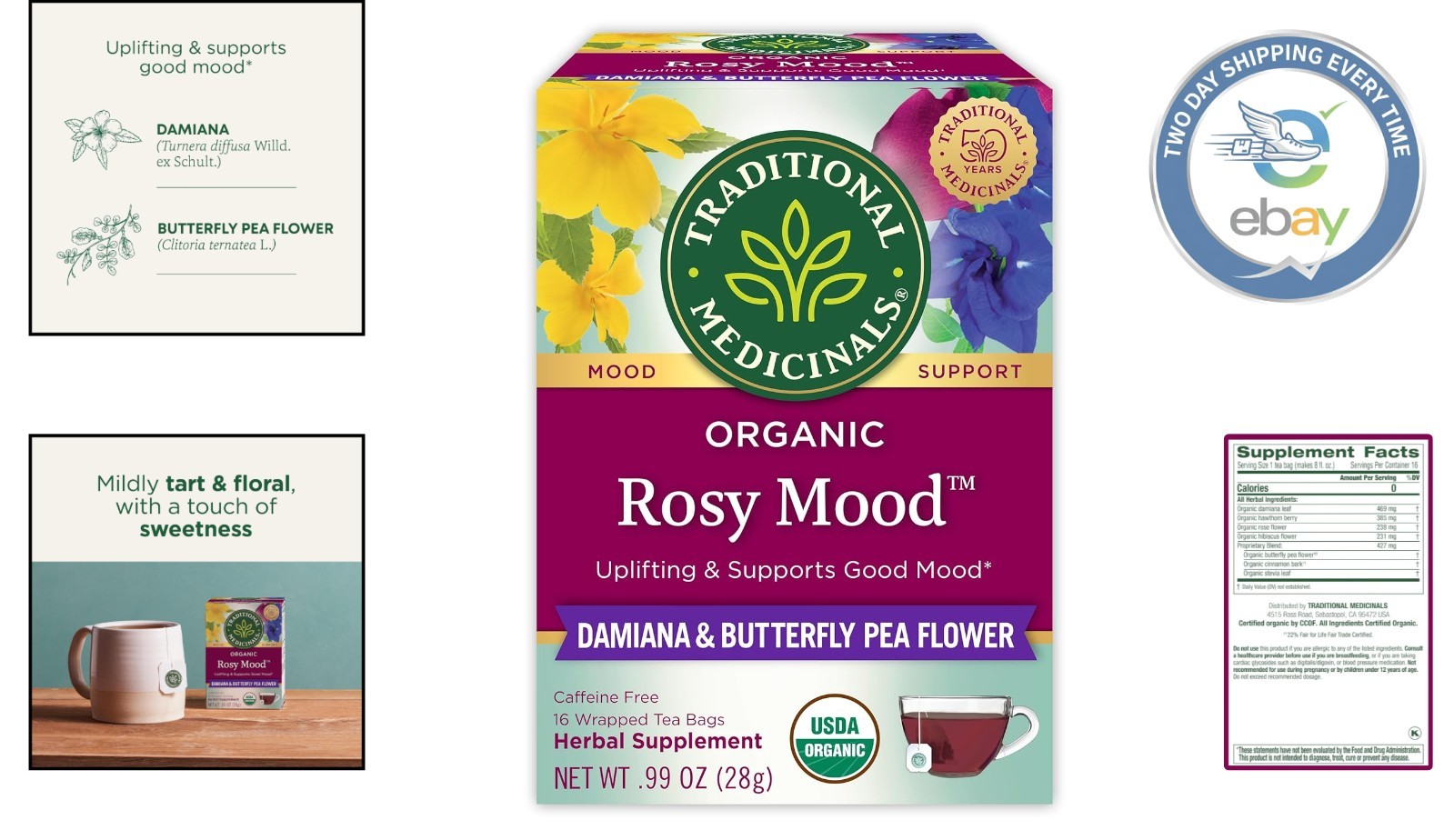 Organic Rosy Mood Tea with Damiana & Butterfly Pea Flower – Mood Support 16 Ct