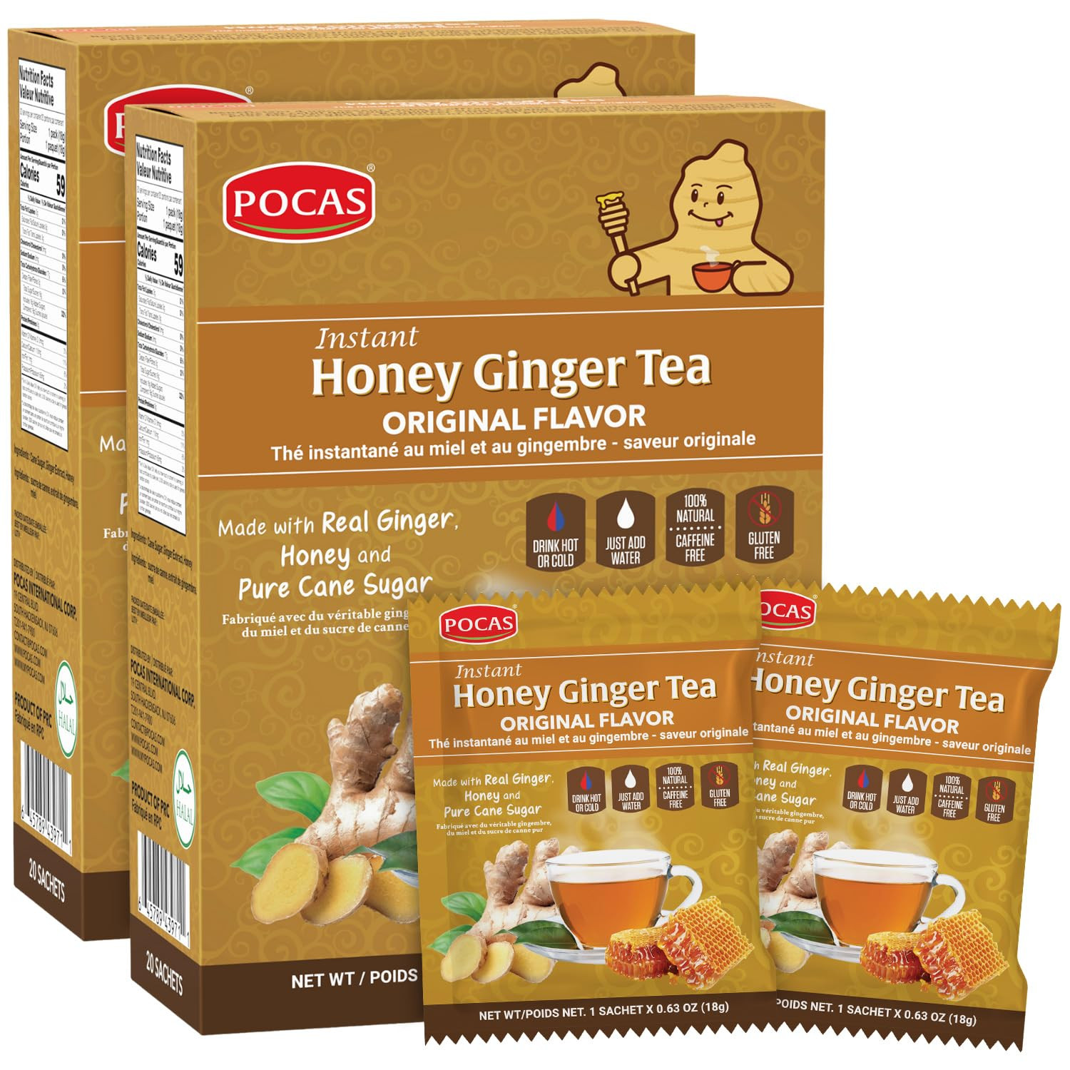 Honey Ginger Instant Tea Powder 2-Pack with Ginger Extract & Real Honey, Caffein