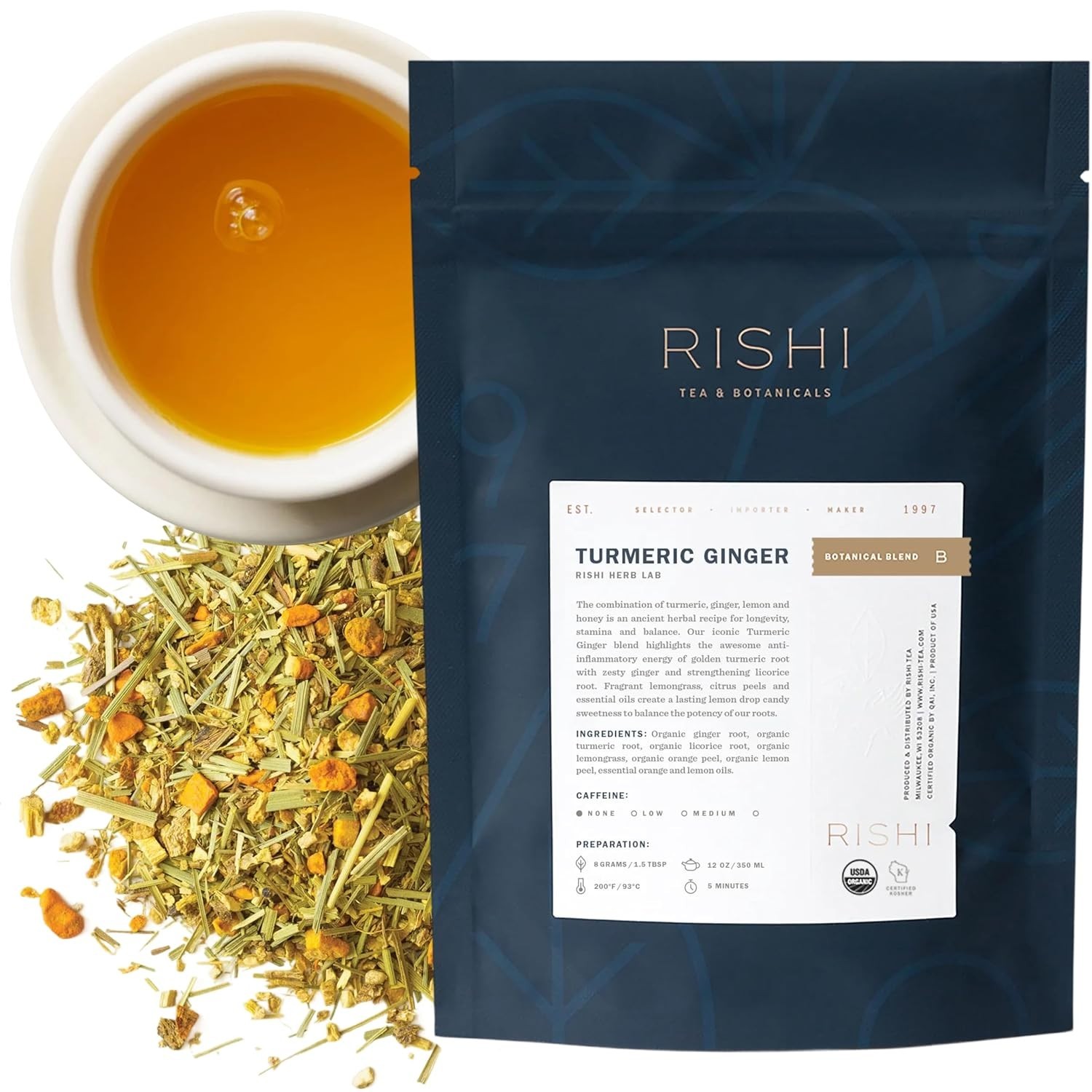 Rishi Tea Té de hierbas de cúrcuma y jengibre, hojas sueltas orgánicas, mezcla s