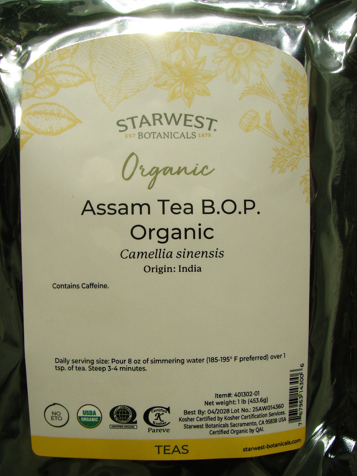 NEW 1 Pound Starwest Botanicals Organic Assam Tea B.O.P. Kosher Best By 04-2028