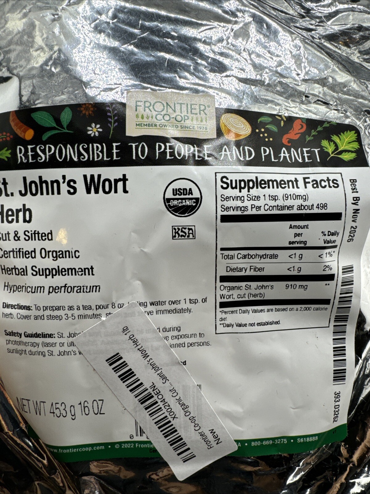 Frontier Co-op St. John’s Wort Tea Cut Sifted Certified Organic 16 Oz 📦