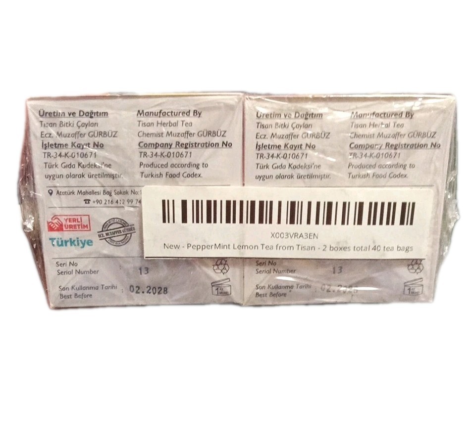 2 boxes Tisan Peppermint – Lemon Herbal Tea, total 40 tea bags, Exp 02/2028