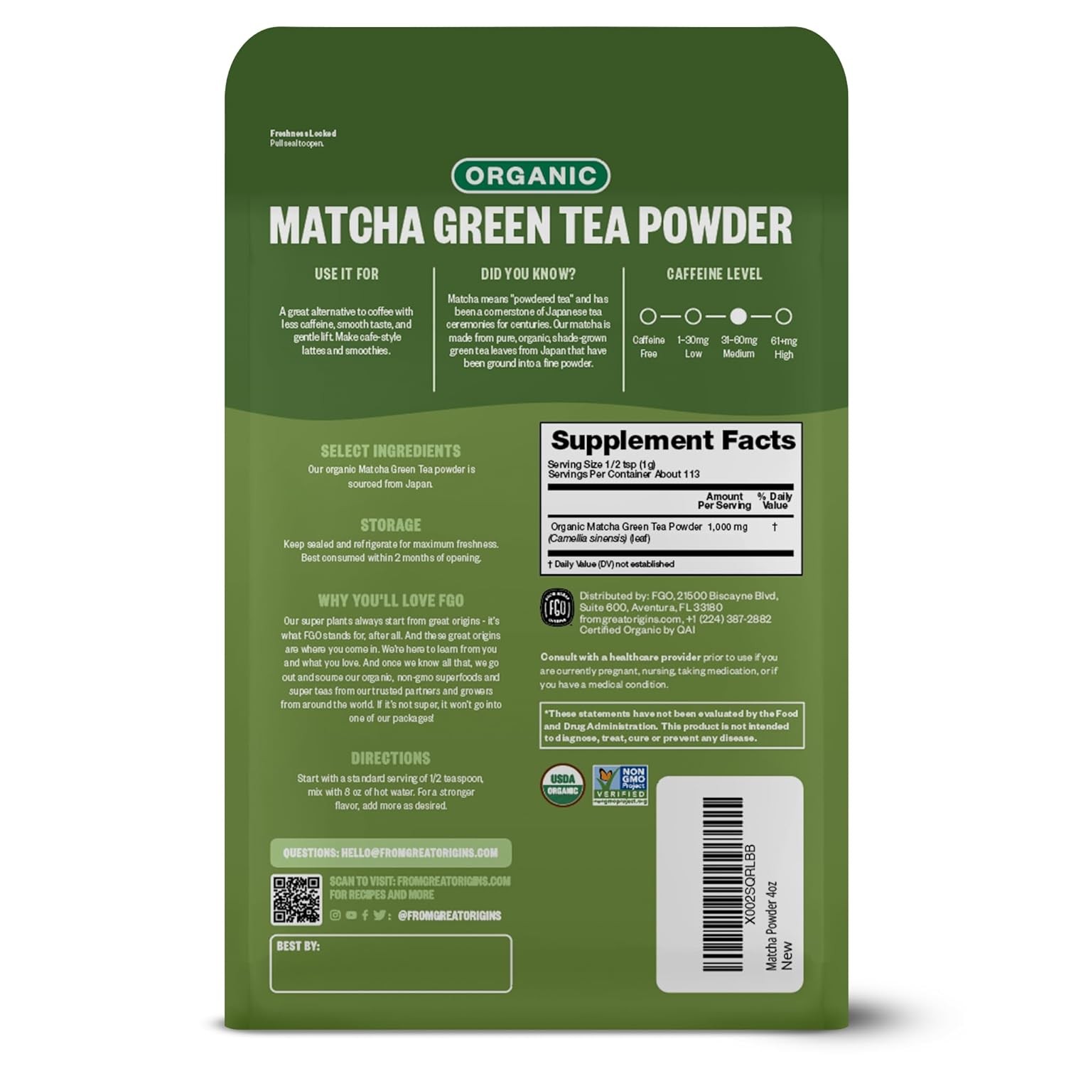 FGO Organic Matcha Green Tea Powder, Japanese Culinary 4 Ounce (Pack of 1)