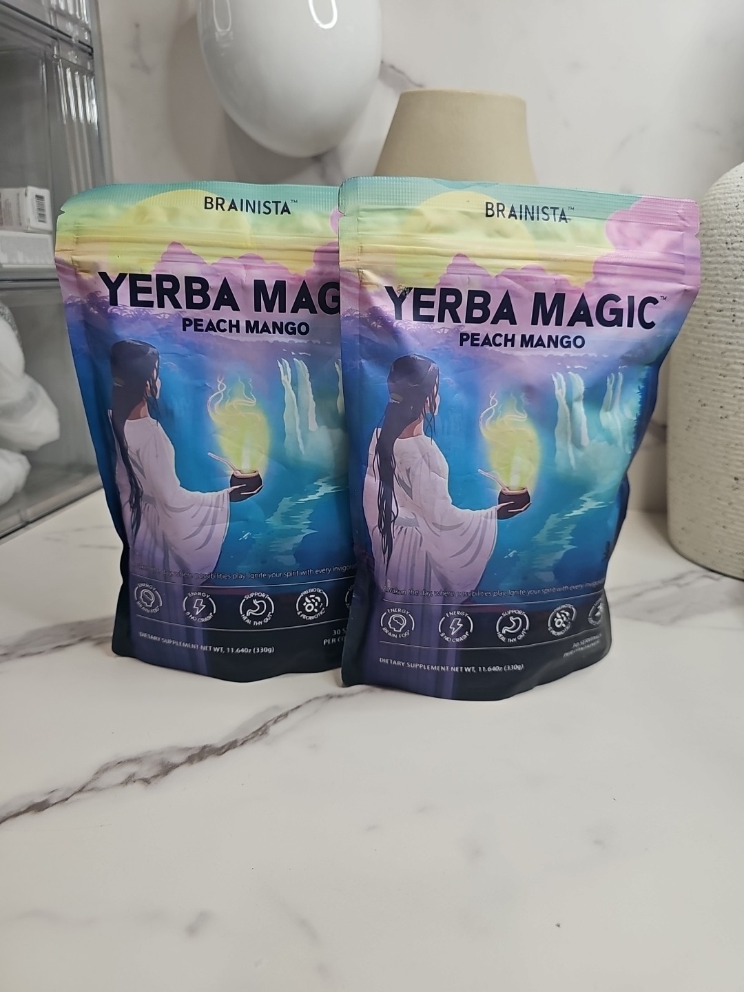 2 Brainista Yerba Magic Peach Mango 11.64oz 30 Servings. Exp 09/2026