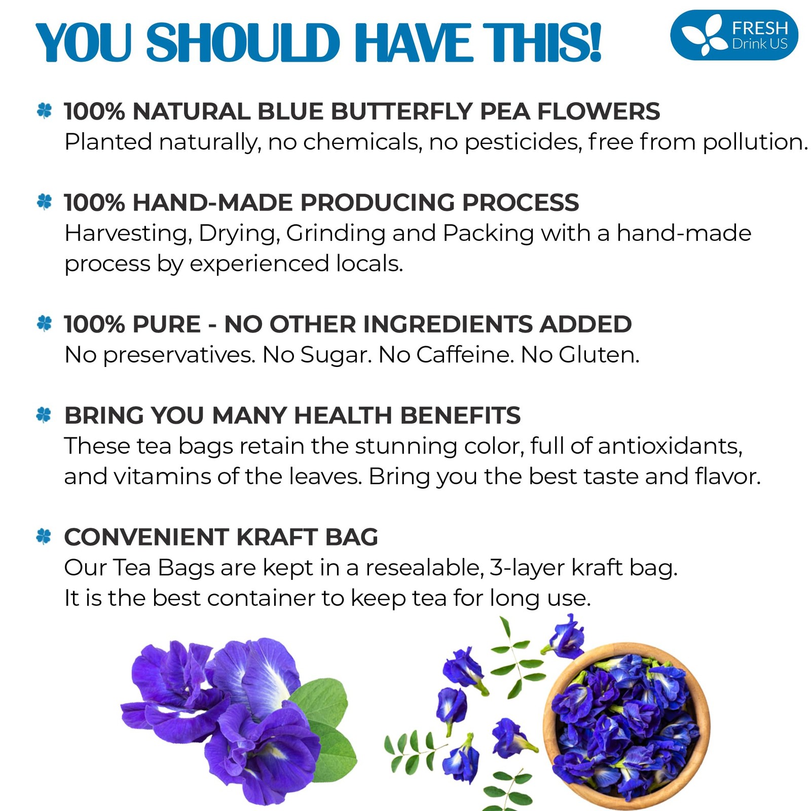 FreshDrinkUS, Premium 75 Tea Bags Blue Butterfly Pea Flowers, 75