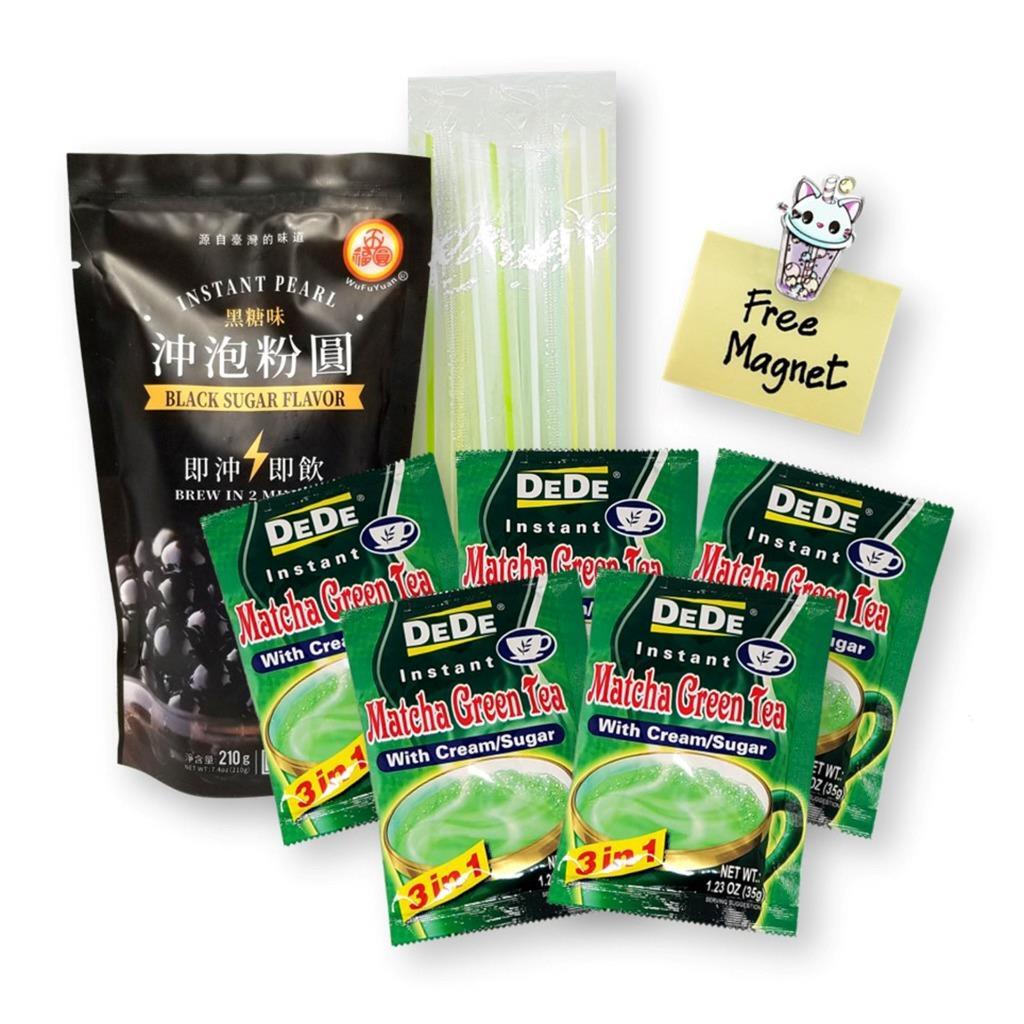 Boba Bubble Tea DIY Kit DeDe Matcha,WFY Instant Blk Tapioca Pearls,Straws,magnet
