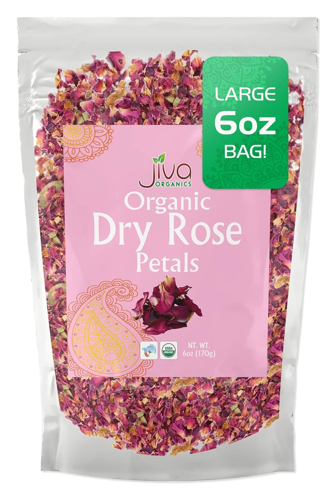 Jiva USDA Organic Dried Red Rose Petals 6 Oz (170g) Large Bag – Food Grade, E…