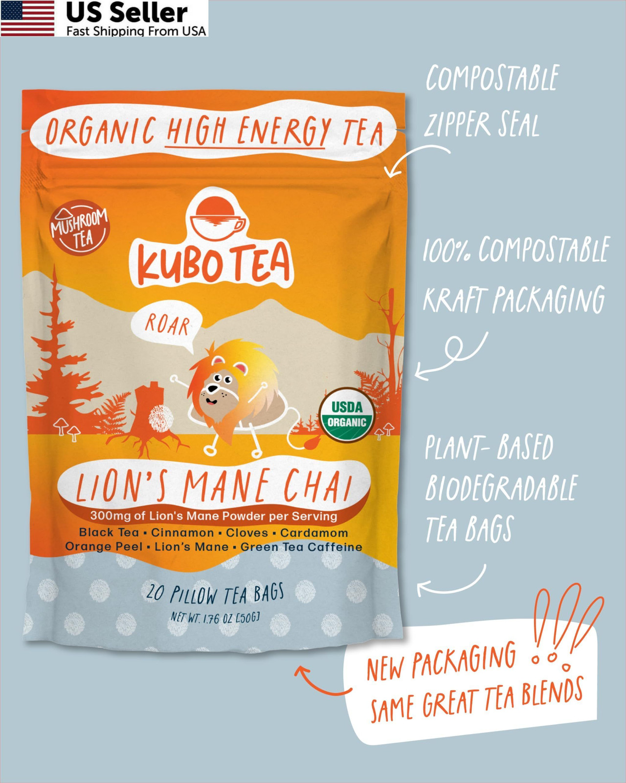 Kubo Lion’s Mane Chai Tea Bags | Organic High Caffeine (155mg) Black +…