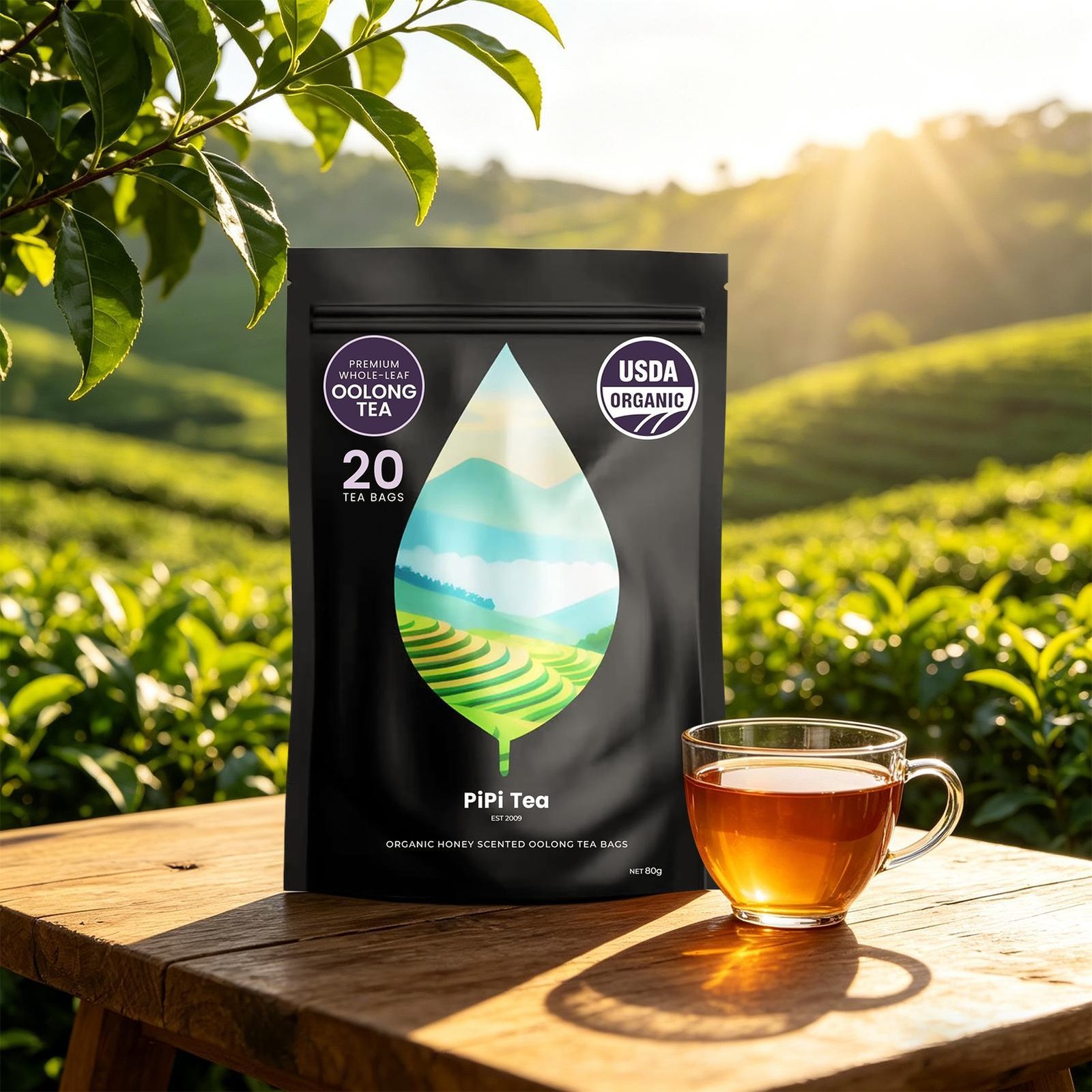 PiPi Tea Organic Oolong Tea Bags Whole Leaf 20 Bags (4g Each) – Cortisol & Calm
