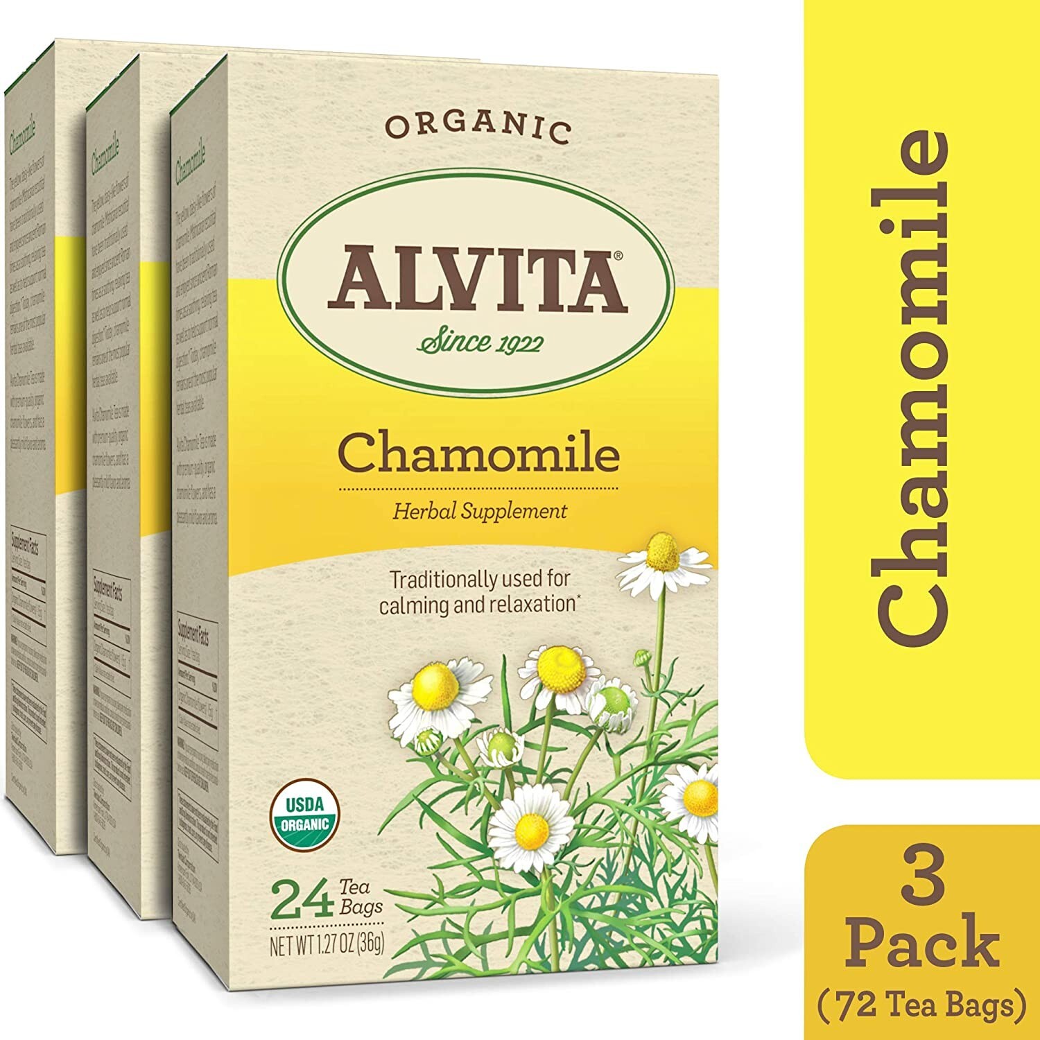 Alvita Chamomile Organic Herbal Tea Bags 24 ( 3 Pack Total 72 Bags) Expr 10/2022